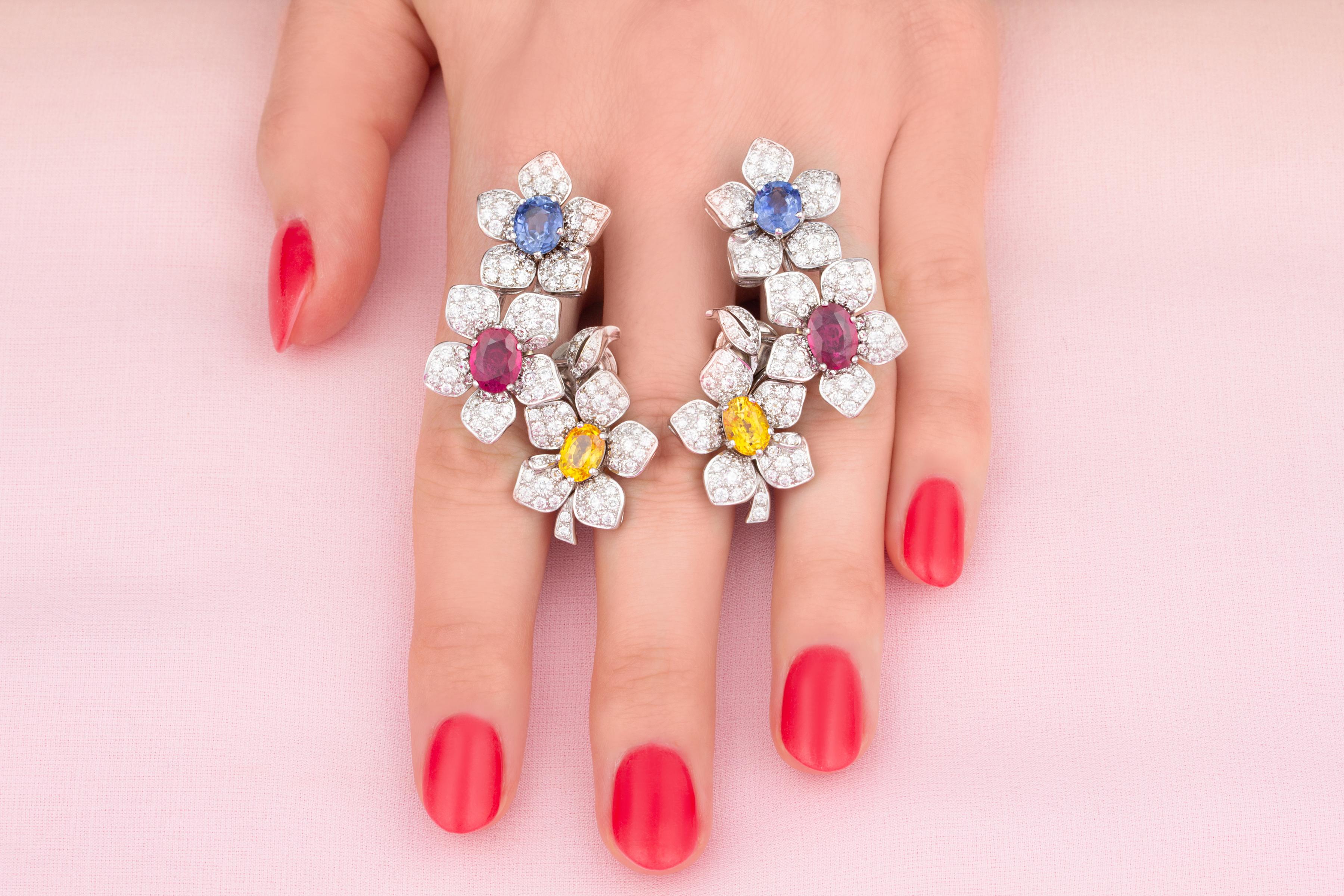 Oval Cut Earcuff Earrings Diamond Ruby Sapphire Tremblant Flower Design by Ella Gafter For Sale