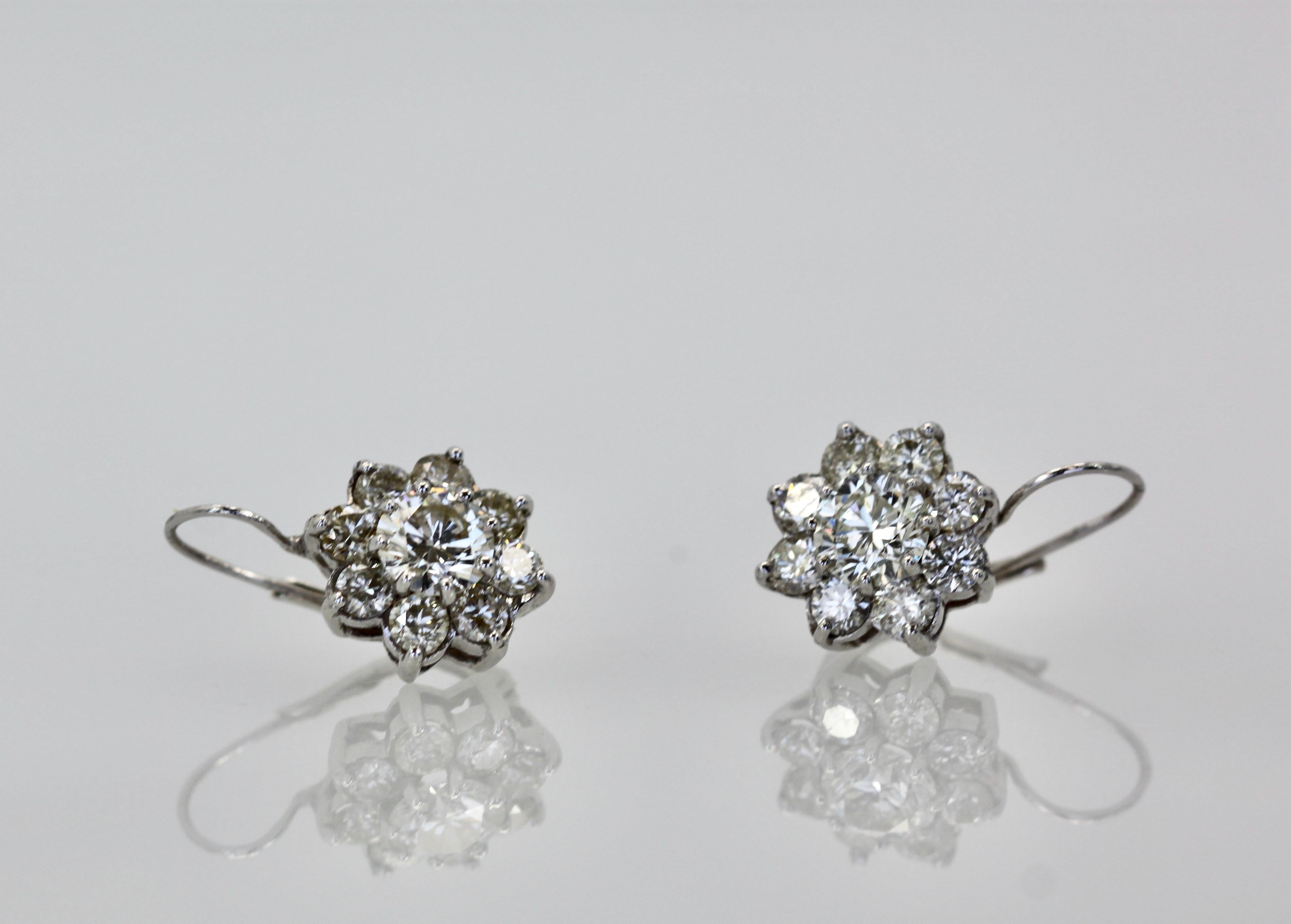 Art Deco Diamond Flower Earrings 14K For Sale