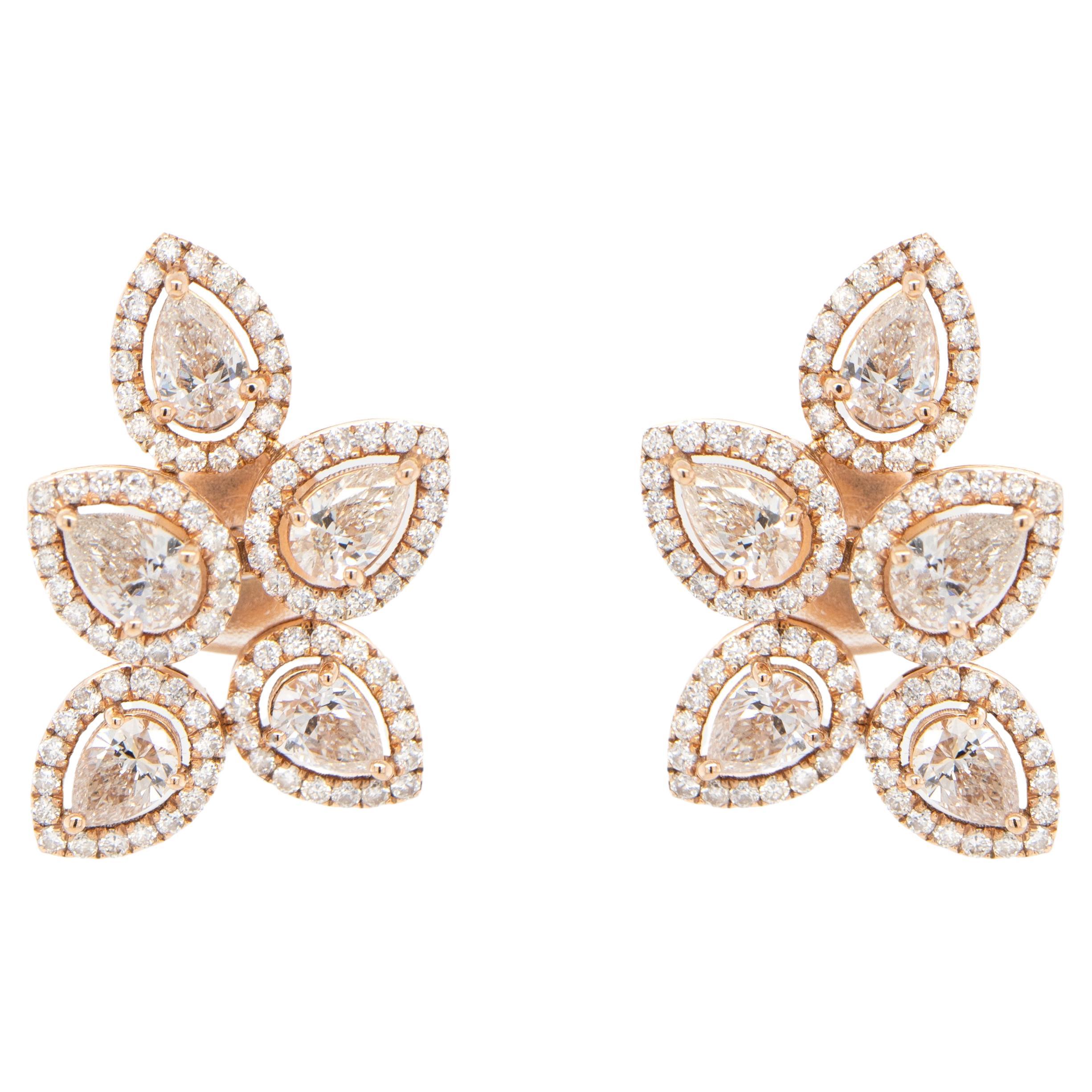 Diamond Flower Earrings 3.19 Carats 18K Rose Gold For Sale
