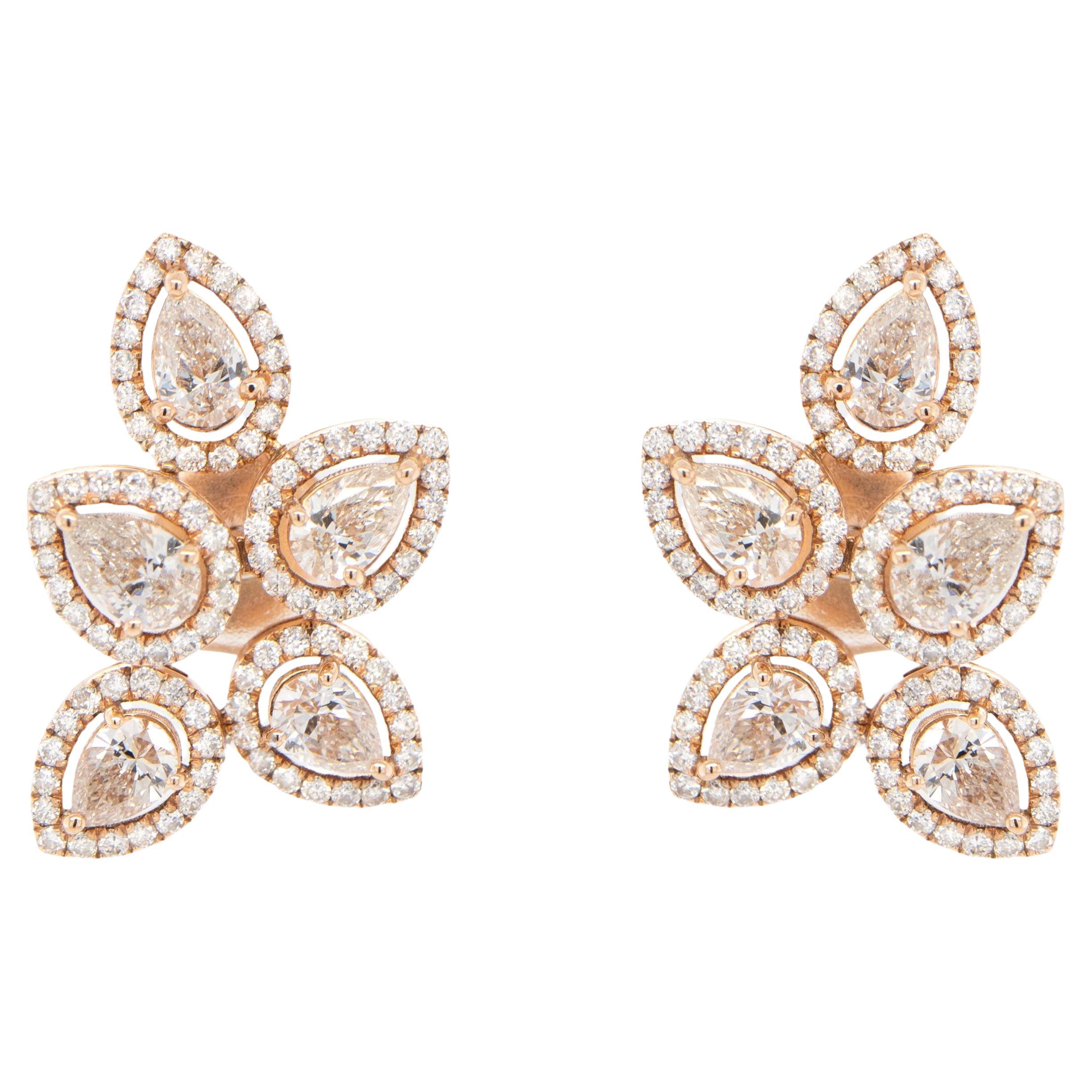 Diamond Flower Earrings 3.19 Carats 18K Rose Gold For Sale