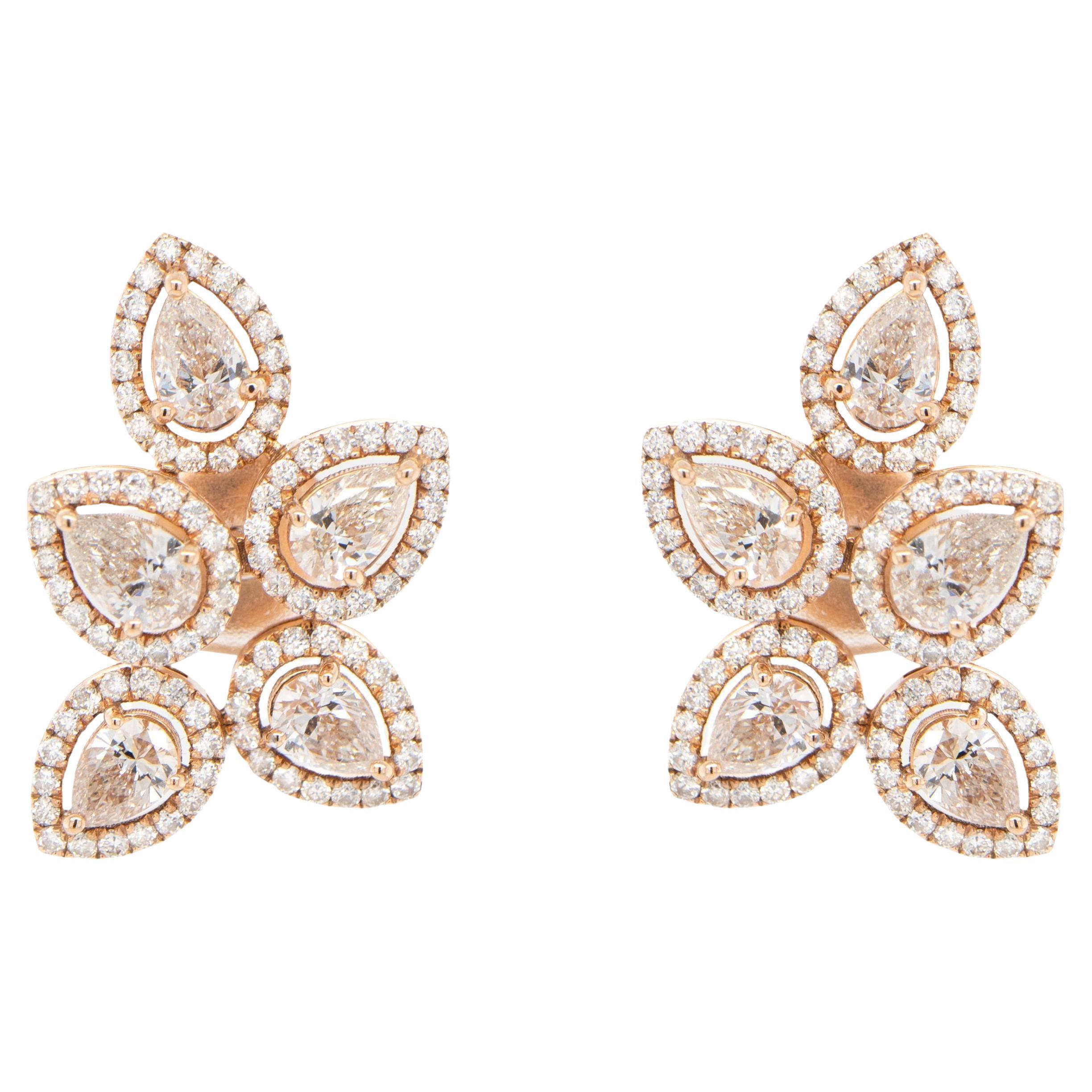 Diamond Flower Earrings 3.19 Carats 18K Rose Gold For Sale