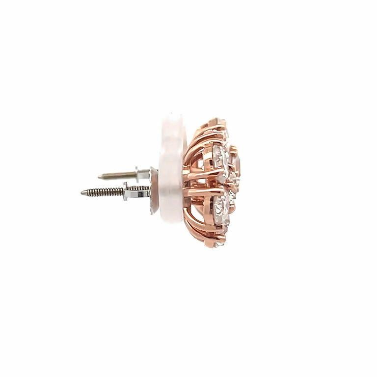 Modern Diamond Flower Earrings 4.75 CT in 14K Rose Gold Screw Back For Sale