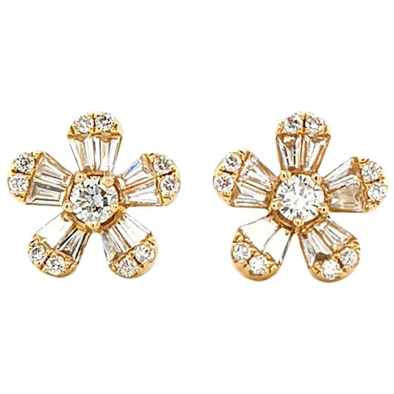 Diamond Flower Earrings in 14 Karat Yellow Gold