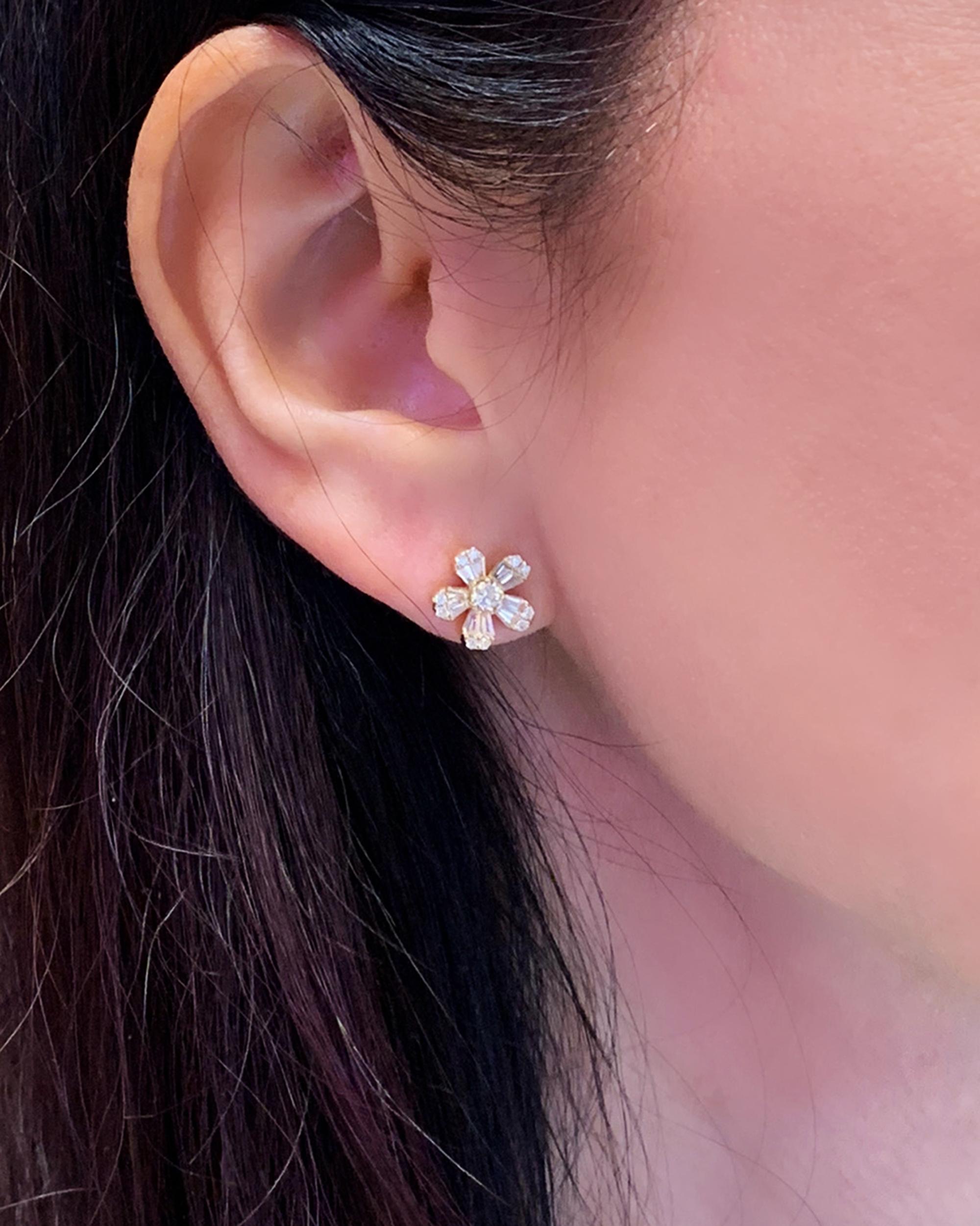 Mixed Cut Diamond Flower Earrings in 14 Karat Yellow Gold