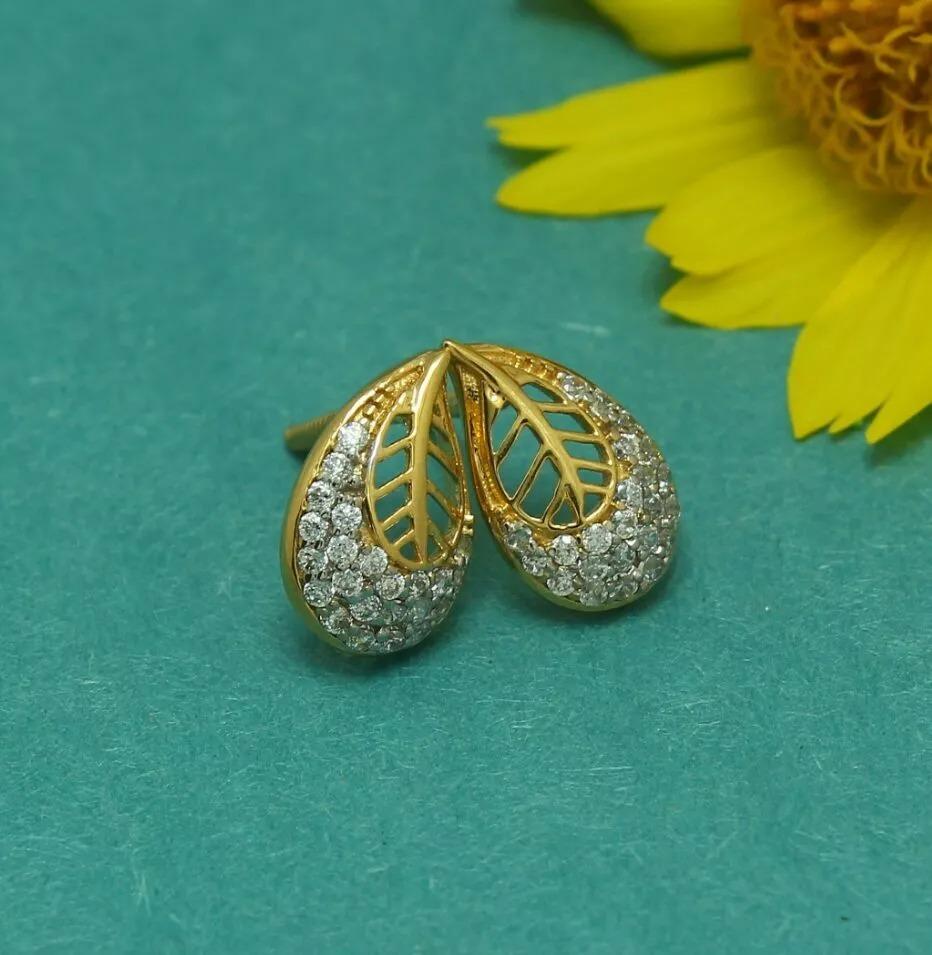 Round Cut Diamond Flower Earrings in 14K Yellow Gold Leaf Studs Minimalist For Sale