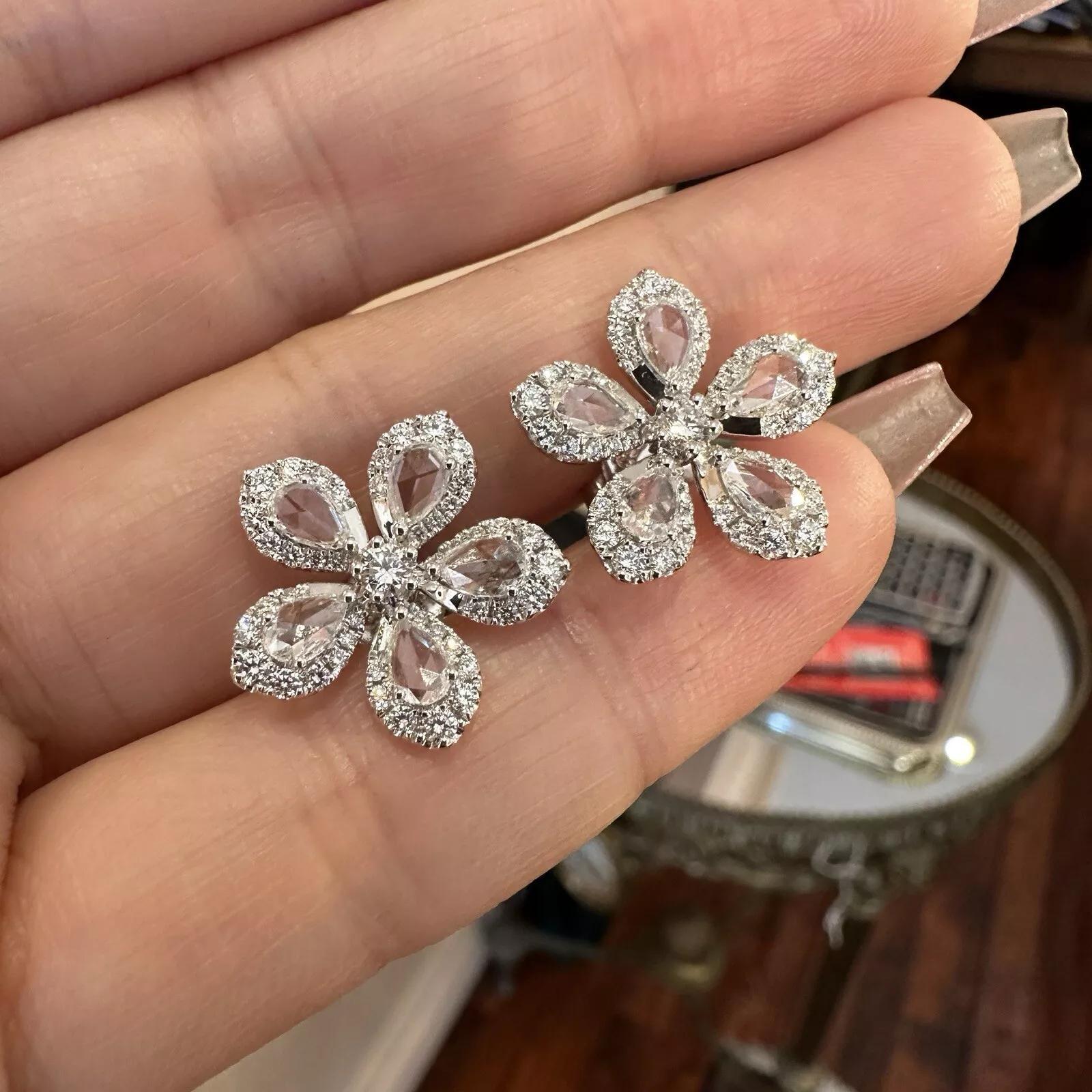 Diamond Flower Earrings with Rose Cuts 2.10 carat total weight in 18k White Gold In Excellent Condition For Sale In La Jolla, CA