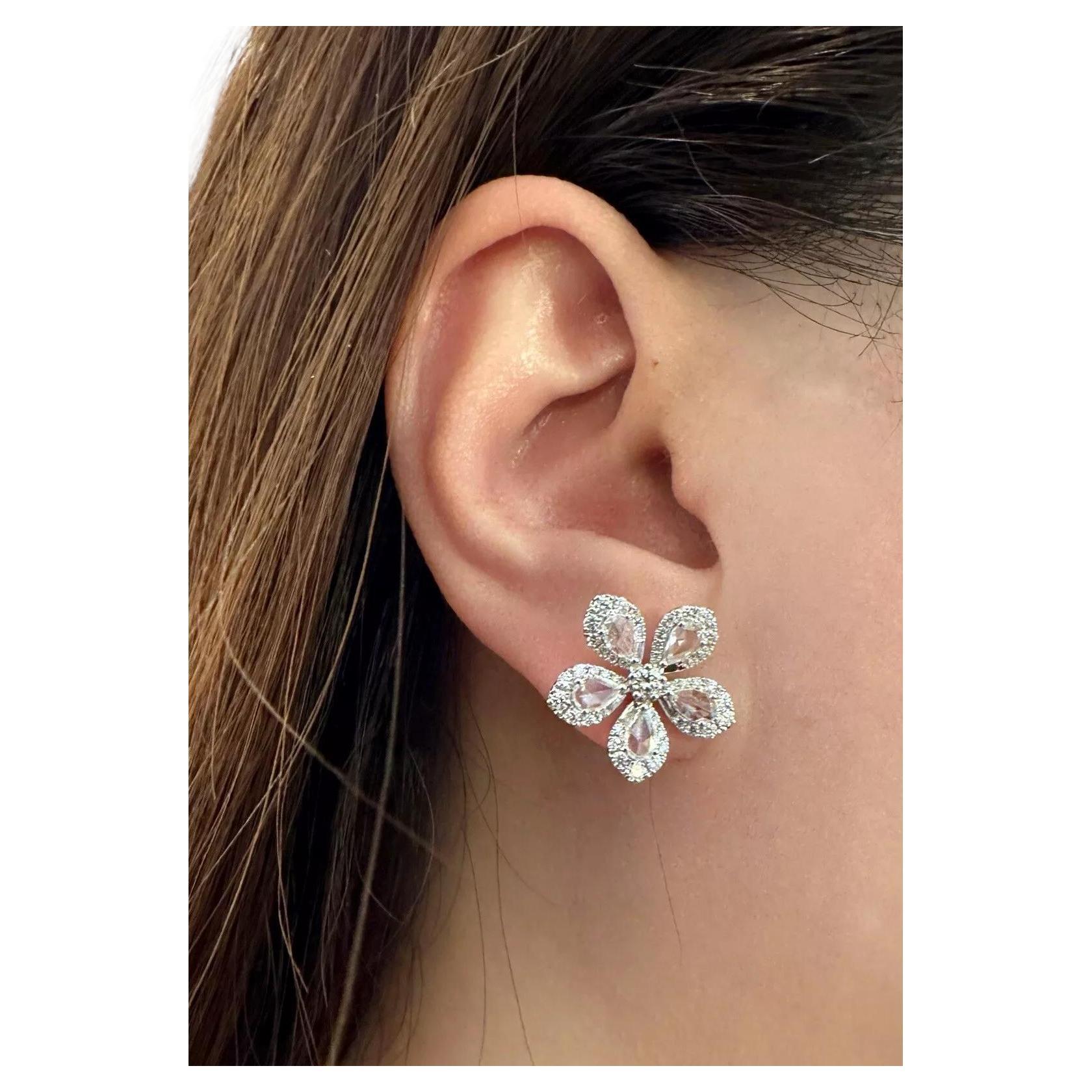 Diamond Flower Earrings with Rose Cuts 2.10 carat total weight in 18k White Gold