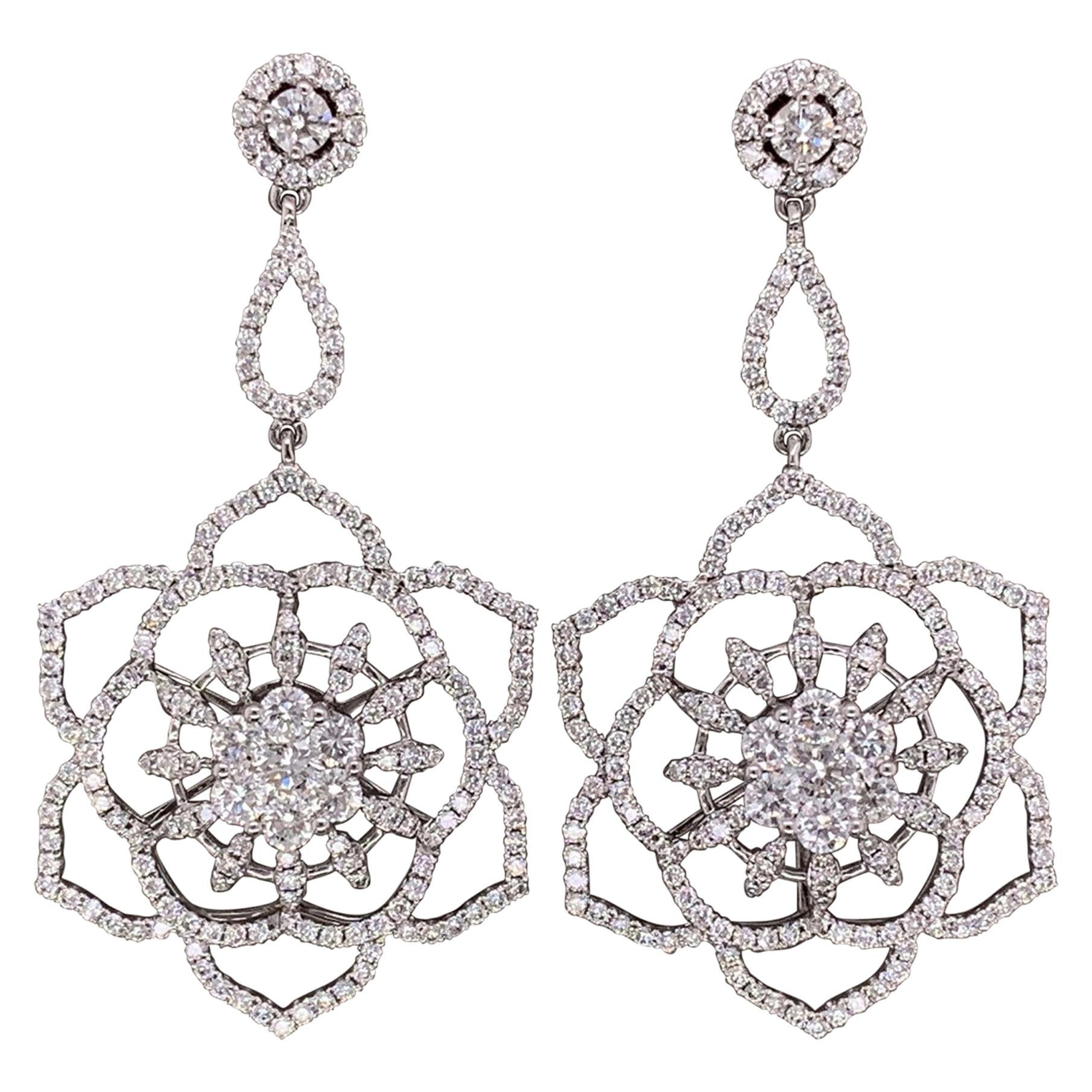 Diamond Flower Gold Drop Earrings For Sale