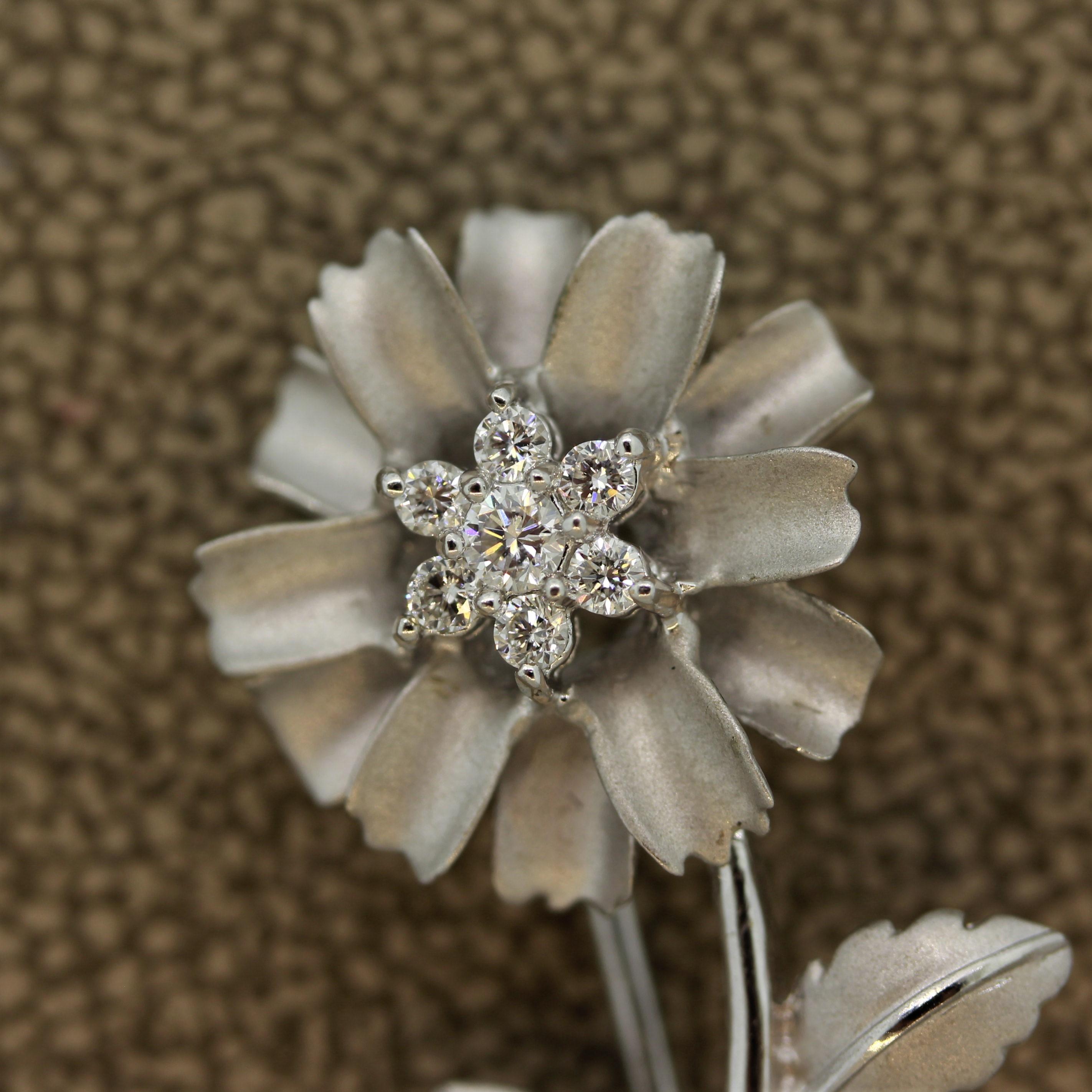 Round Cut Diamond Flower Gold Pin Brooch