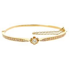 Vintage Diamond Flower Hinged Bangle Bracelet 14k Yellow Gold