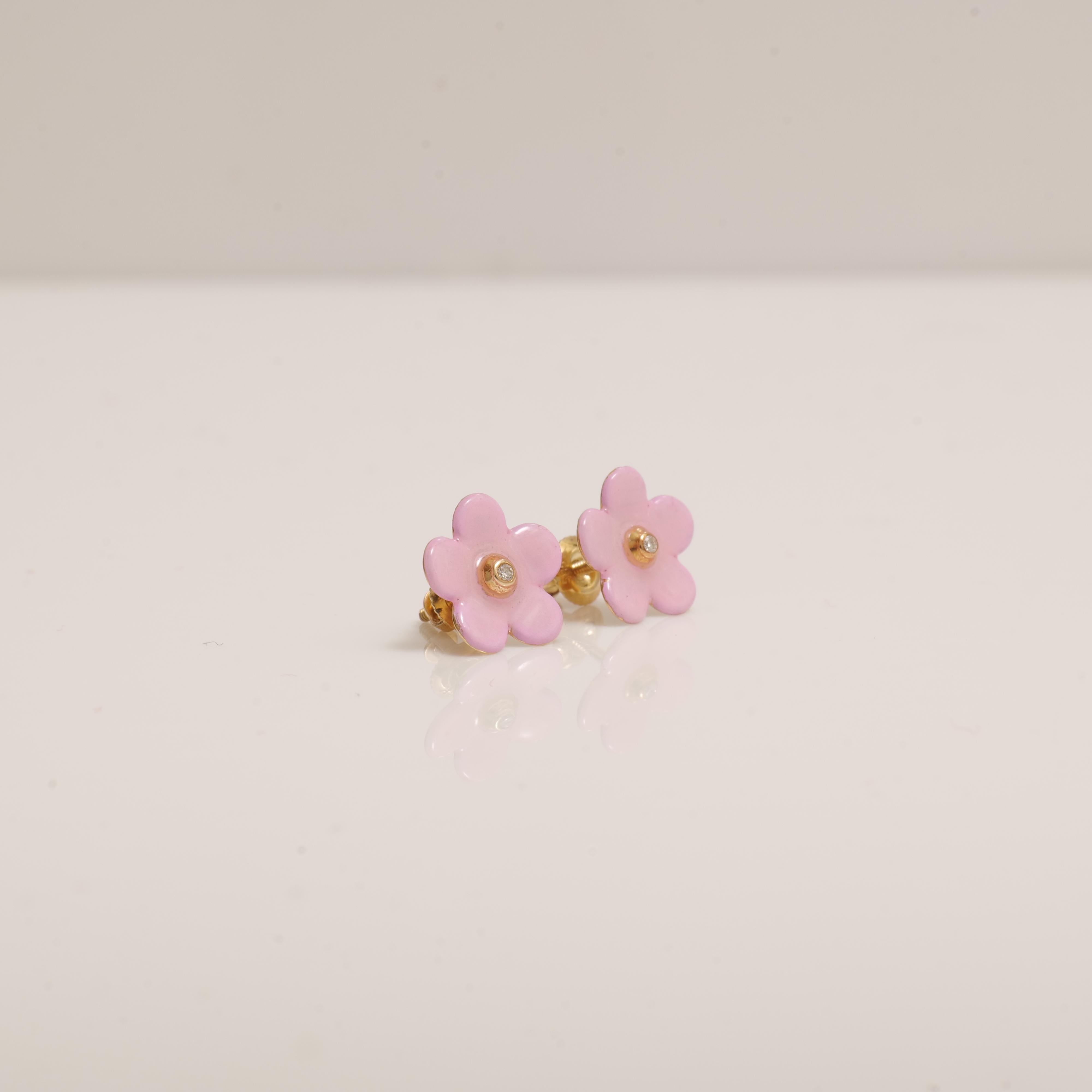 Art Deco Diamond Flower Kids Earrings in 14K Solid Gold (Certified) For Sale