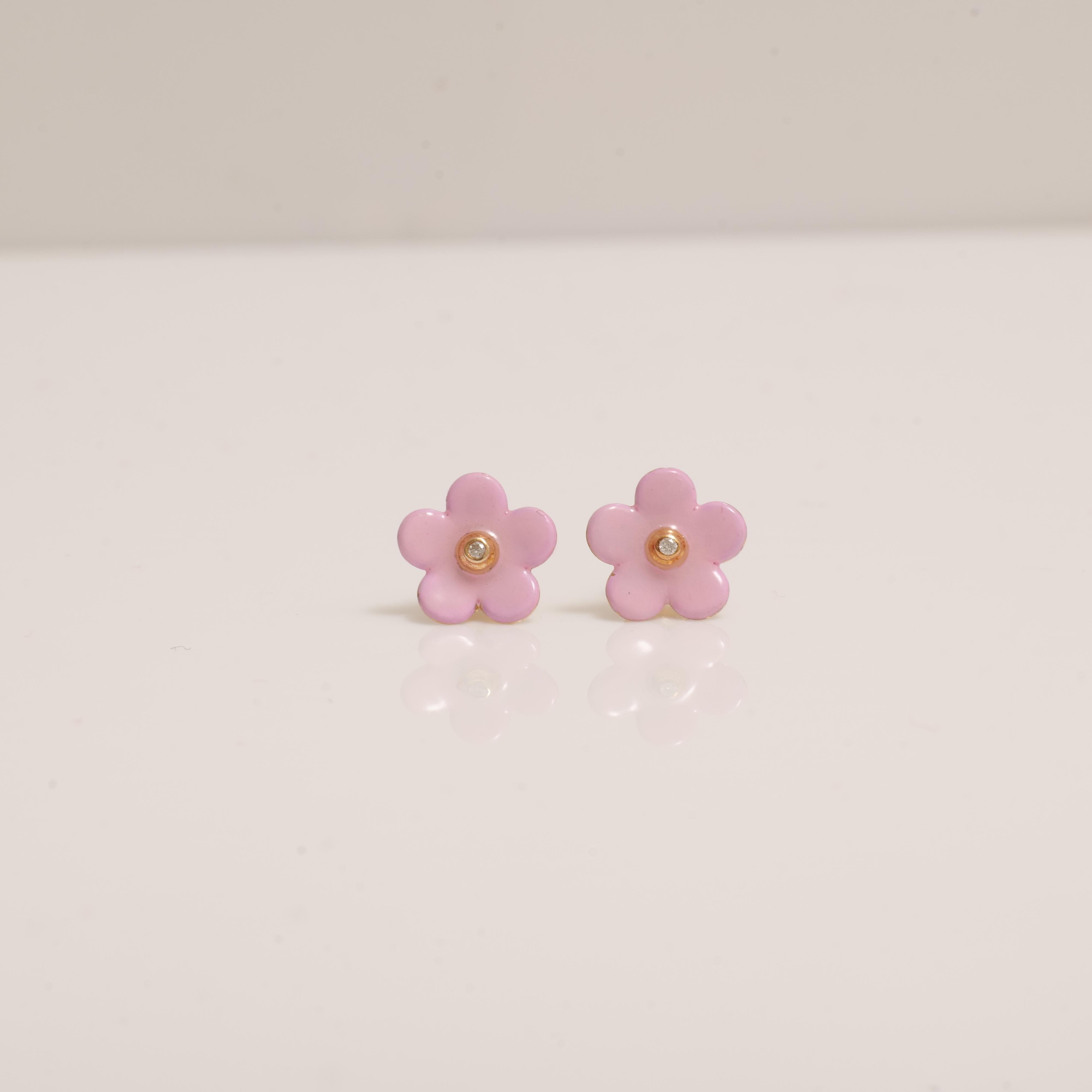 Art Deco Diamond Flower Kids Earrings in 14K Solid Gold (Certified) For Sale