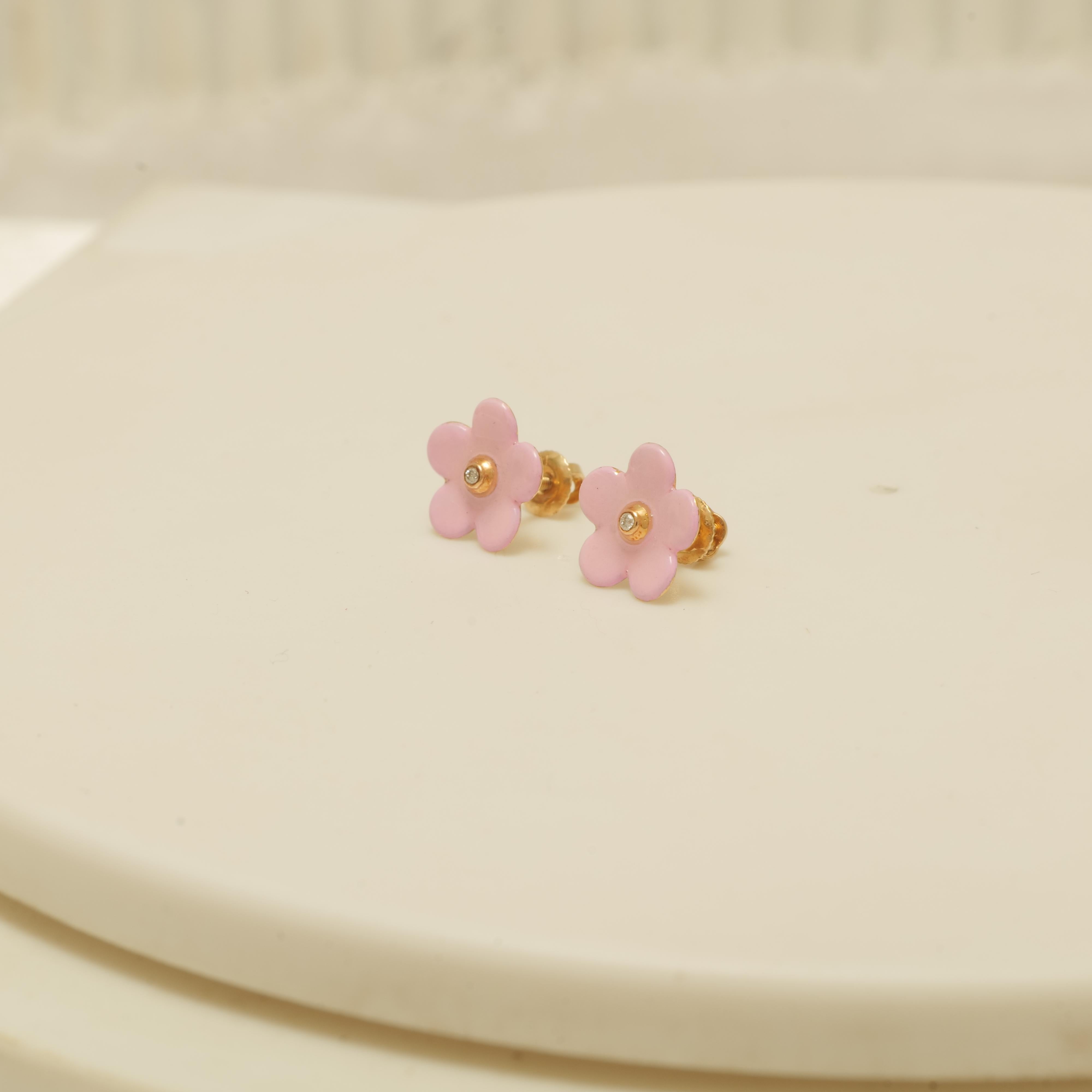 Diamond Flower Kids Earrings in 14K Solid Gold (Certified) In New Condition For Sale In New Delhi, DL