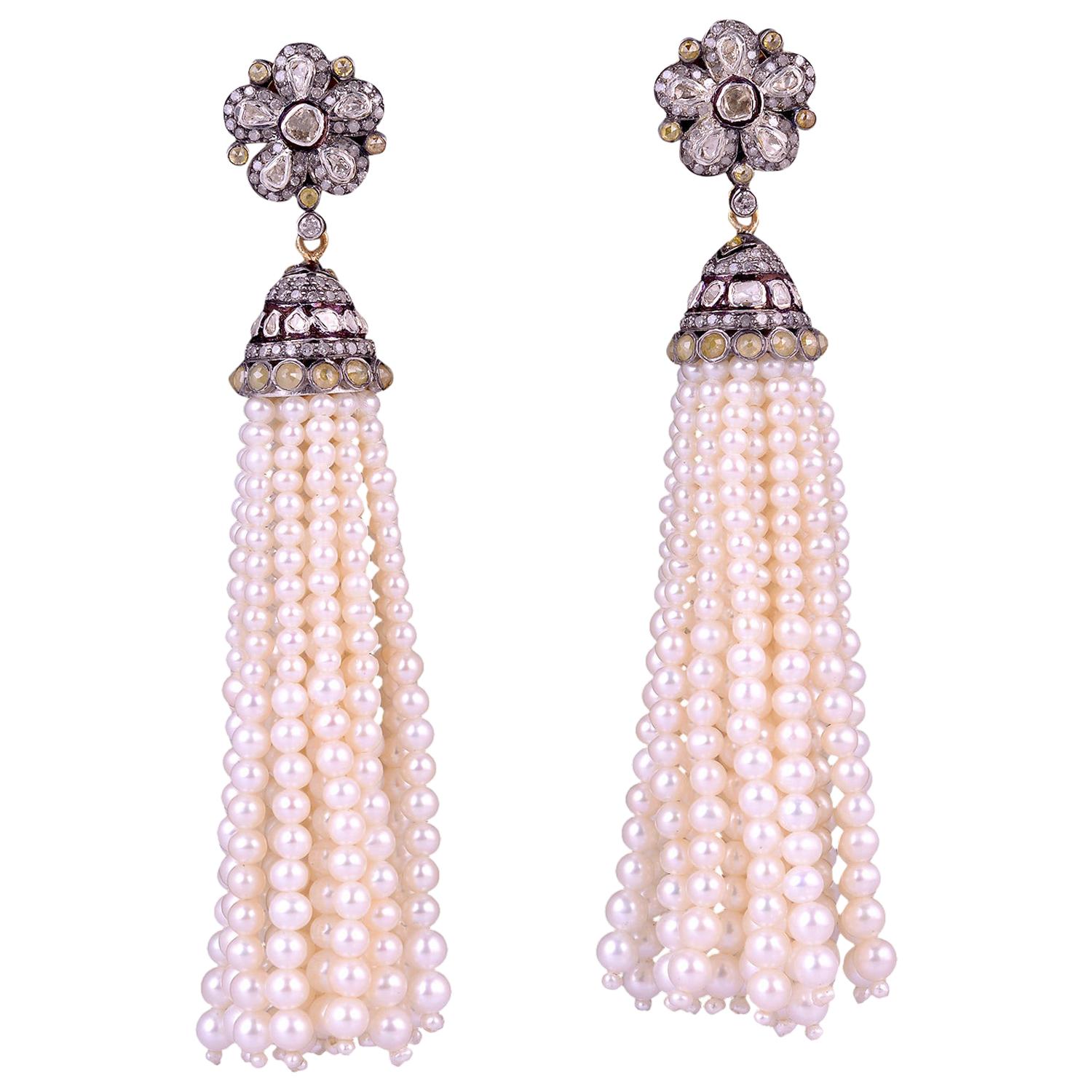Diamond Flower Motif Pearl Tassel Earrings