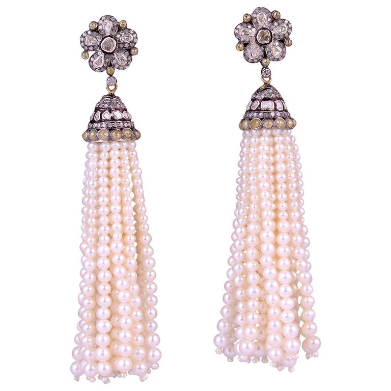 Diamond Flower Motif Pearl Tassel Earrings For Sale at 1stDibs