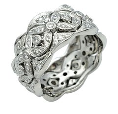 Diamond Flower Motif Textured Wide Band Ring with Cutouts in Polished Platinum