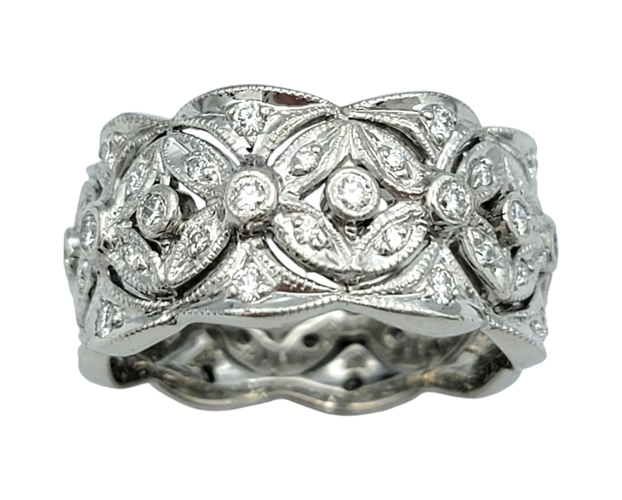 Contemporary Diamond Flower Motif Textured Wide Band Ring with Cutouts in Polished Platinum For Sale