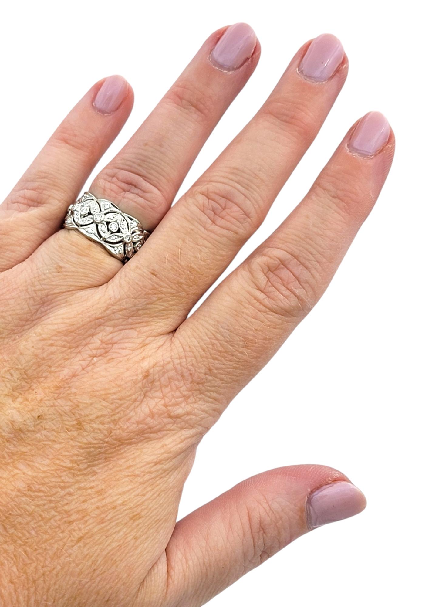 Diamond Flower Motif Textured Wide Band Ring with Cutouts in Polished Platinum In Good Condition For Sale In Scottsdale, AZ