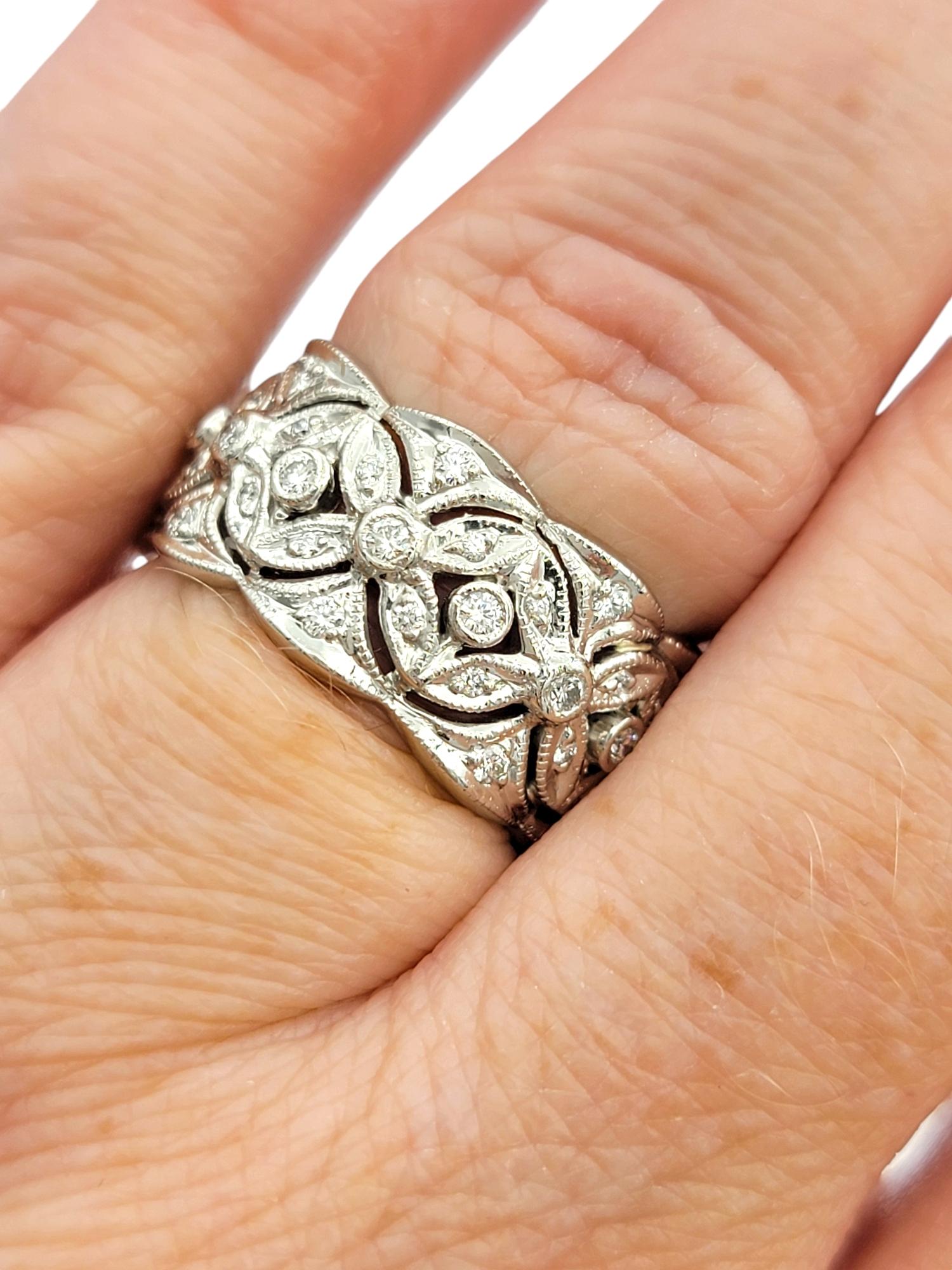 Women's Diamond Flower Motif Textured Wide Band Ring with Cutouts in Polished Platinum For Sale