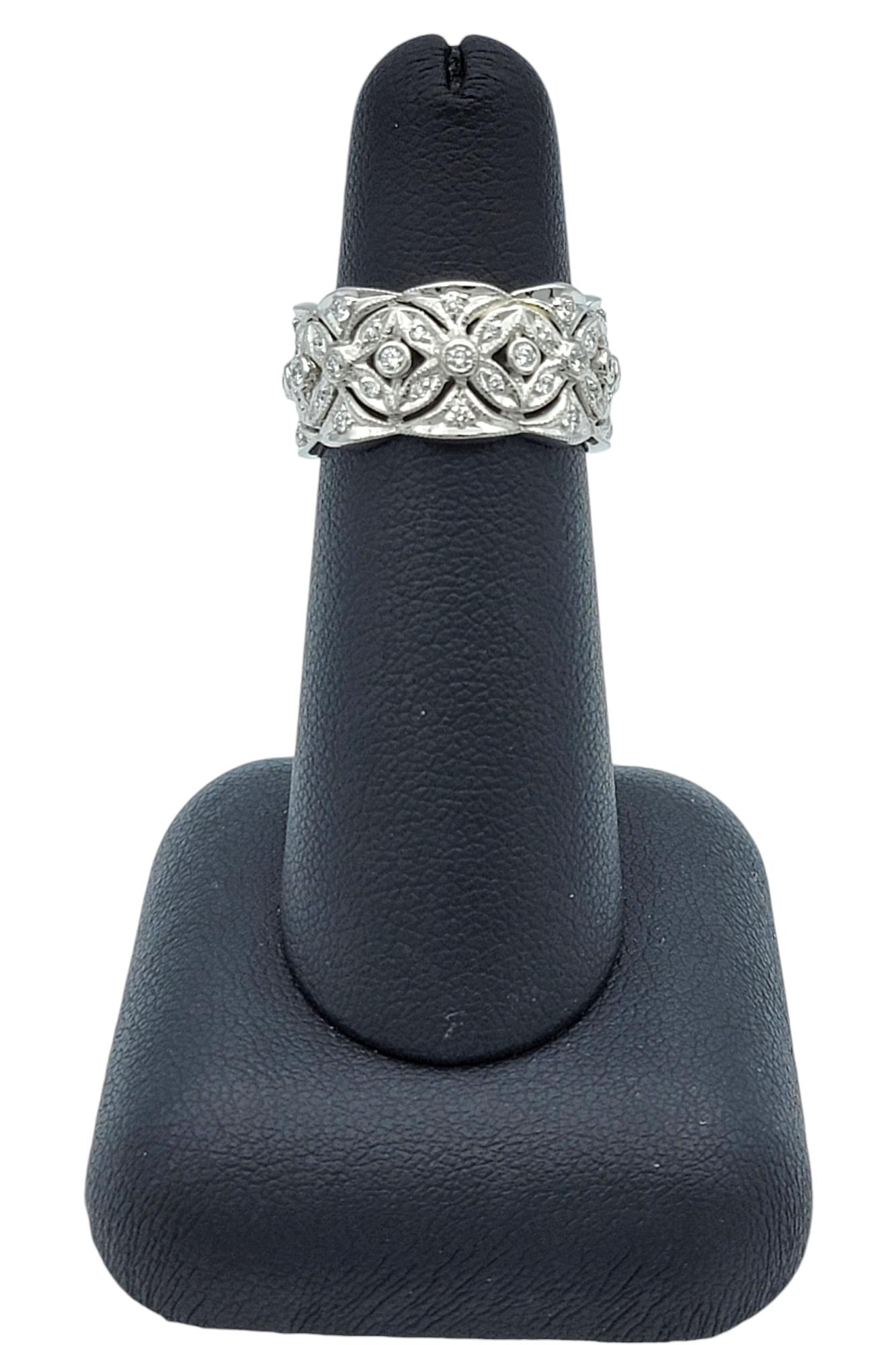 Diamond Flower Motif Textured Wide Band Ring with Cutouts in Polished Platinum For Sale 1