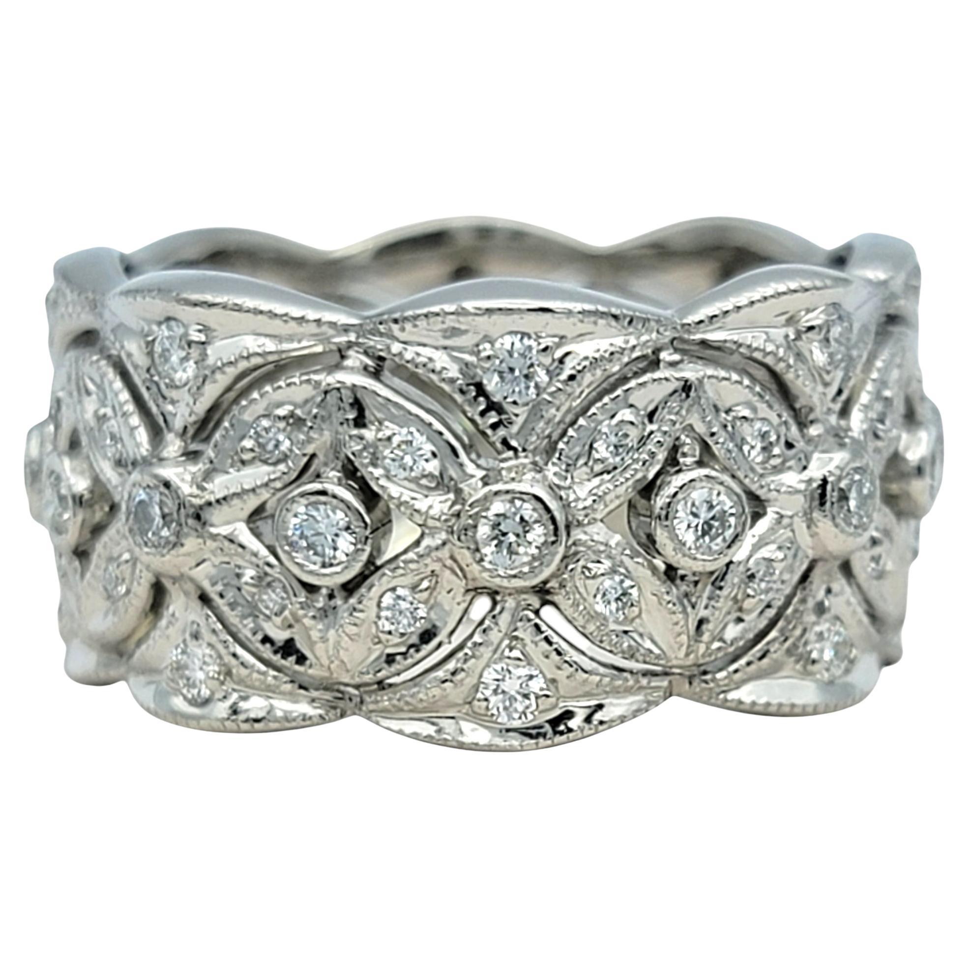 Diamond Flower Motif Textured Wide Band Ring with Cutouts in Polished Platinum For Sale