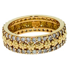 Diamond Flower Nature Plant Eternity Wedding Band Pave 18 Karat Yellow Gold Ring