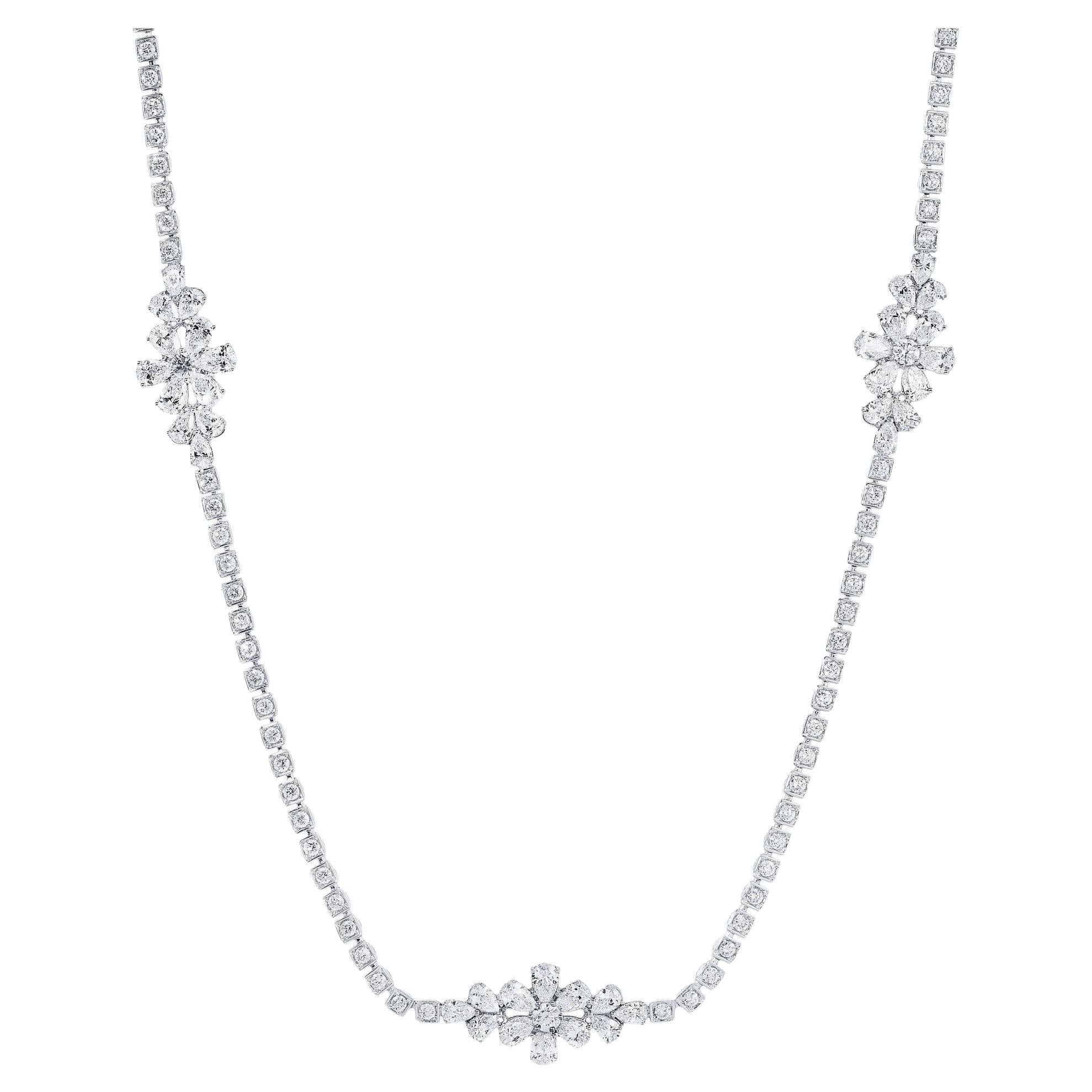 Diamond Flower Necklace 9.1 Carats Pear and Round Cut 18K White Gold