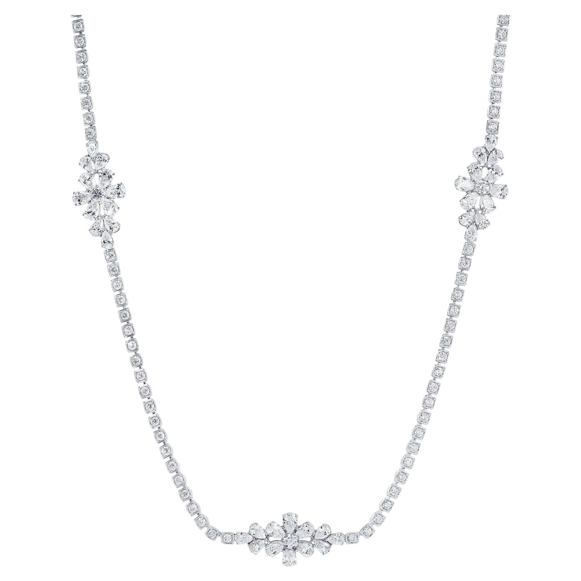 Diamond Flower Necklace 9.1 Carats Pear and Round Cut 18K White Gold