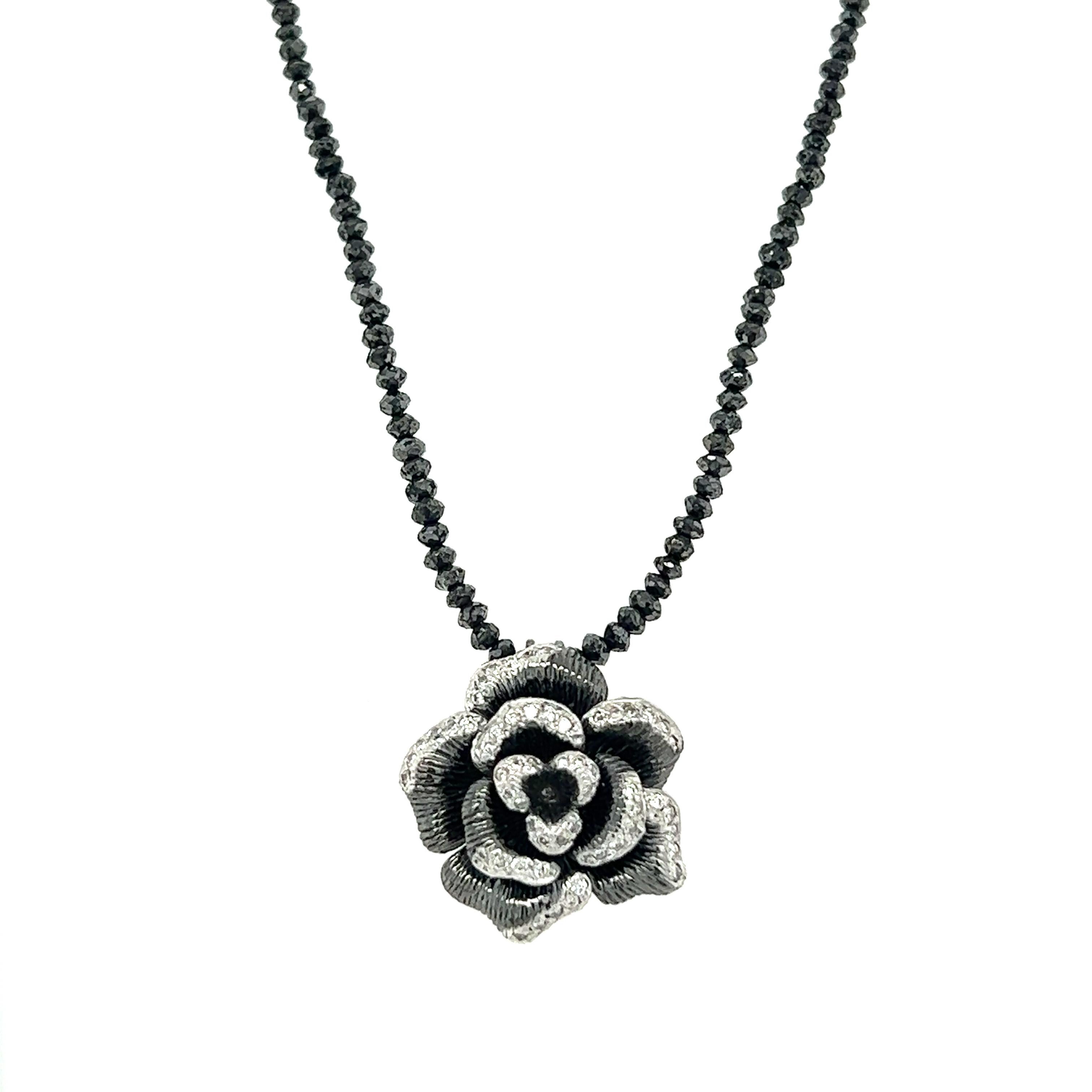 Contemporary Diamond Flower Necklace Black Diamond Briolette Cut White Gold Necklace For Sale