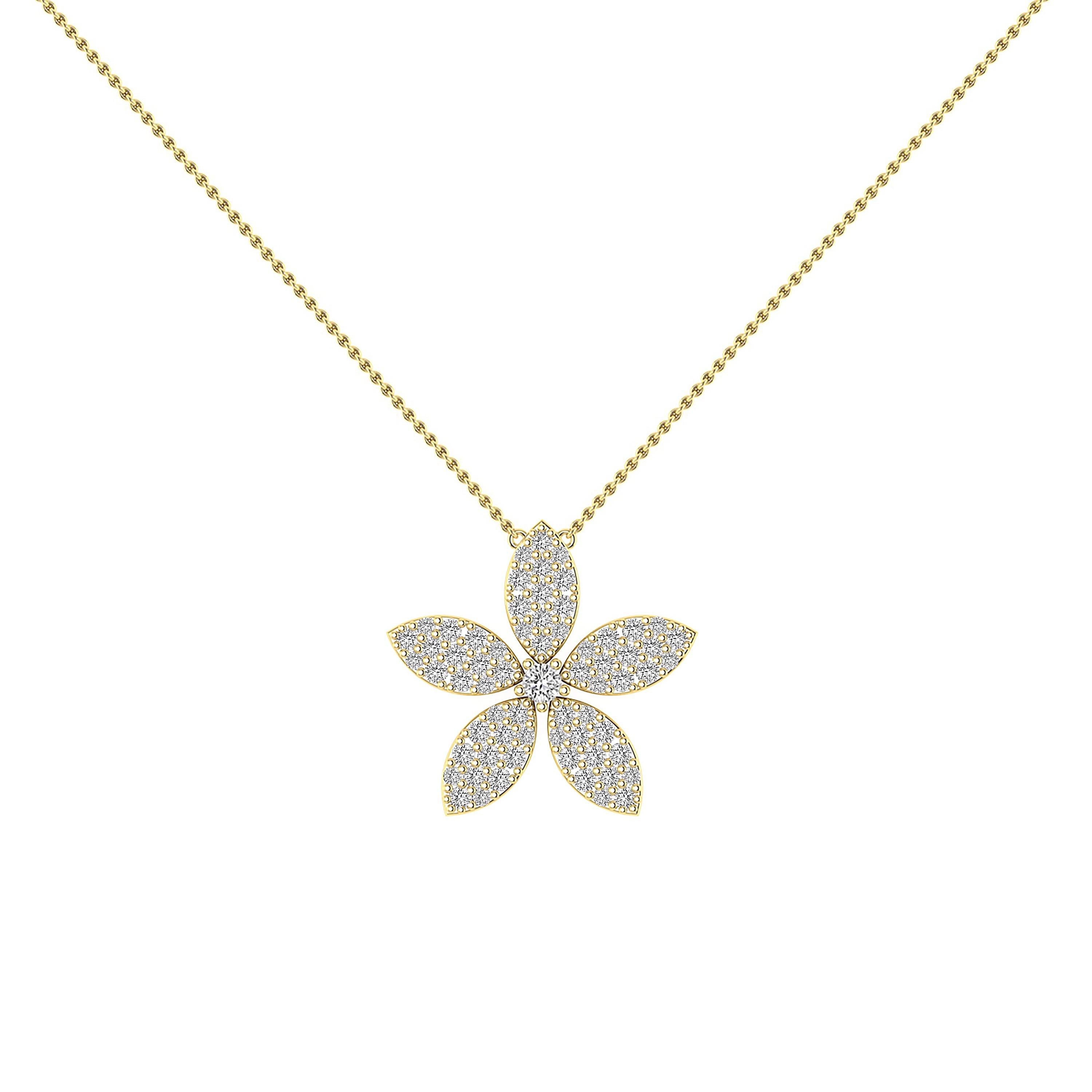 Round Cut Diamond Flower Necklace in 18 Karat Gold For Sale