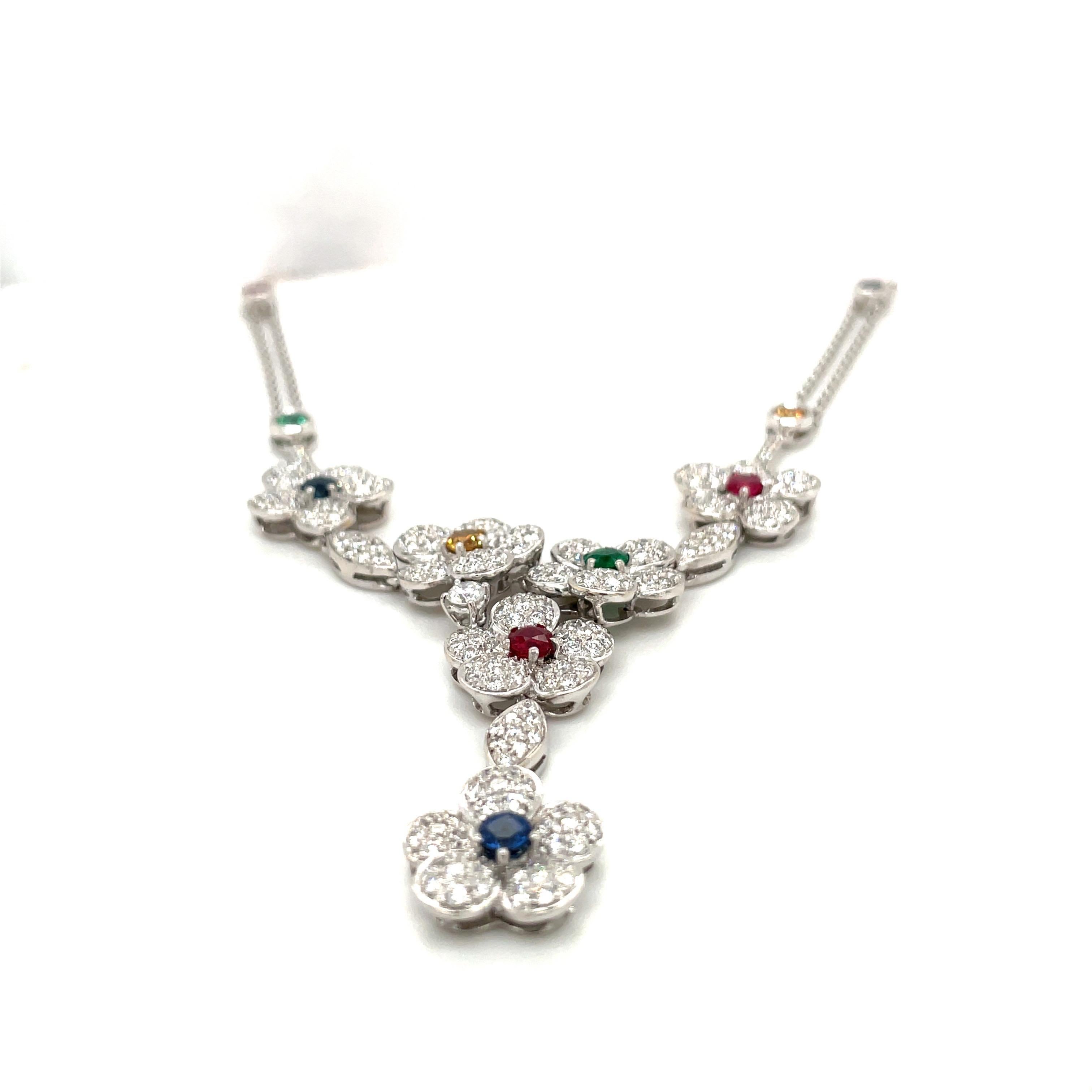 Round Cut Diamond Flower Necklace with Rubies, Emeralds, and Sapphires For Sale
