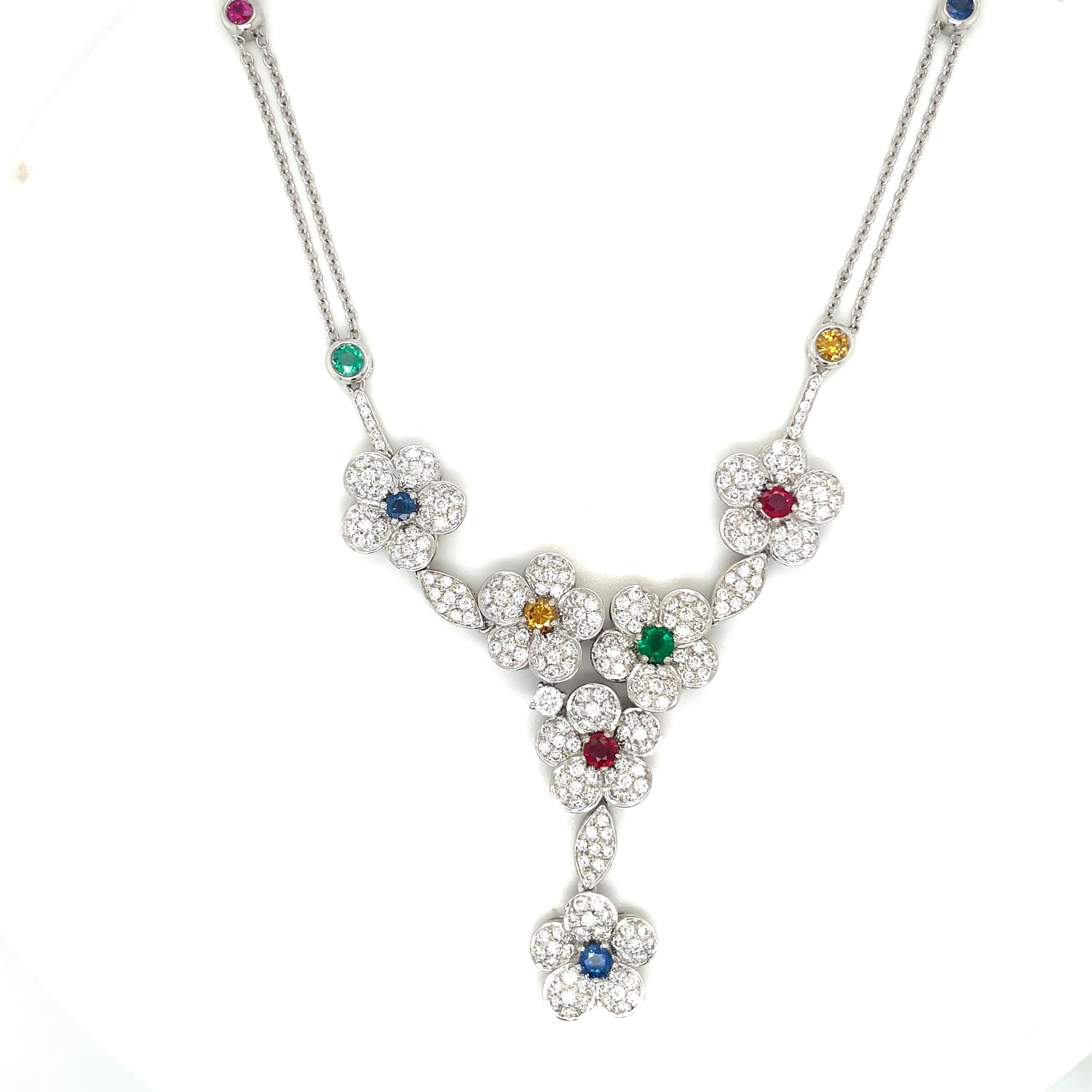 Diamond Flower Necklace with Rubies, Emeralds, and Sapphires In New Condition For Sale In New York, NY