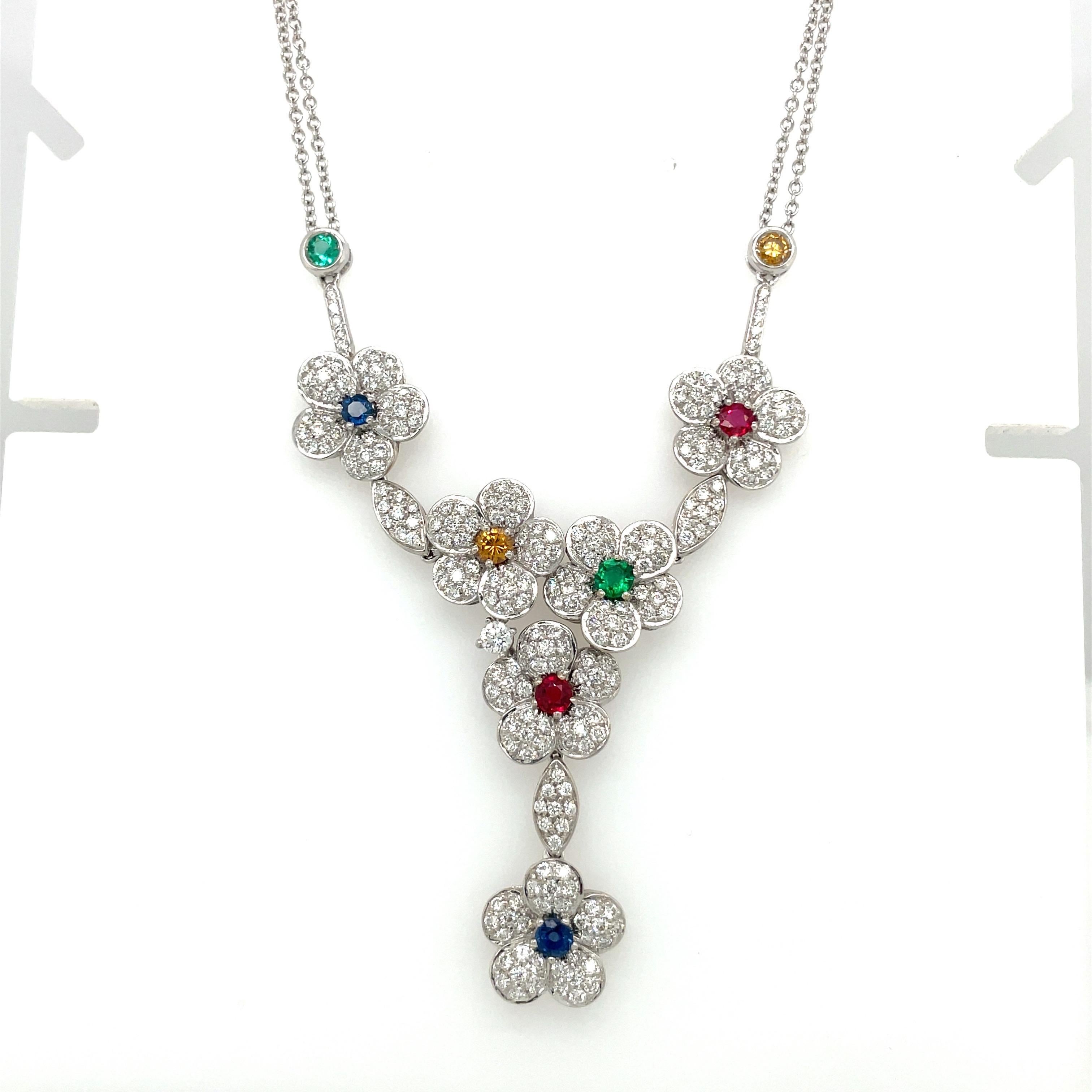 Women's or Men's Diamond Flower Necklace with Rubies, Emeralds, and Sapphires For Sale