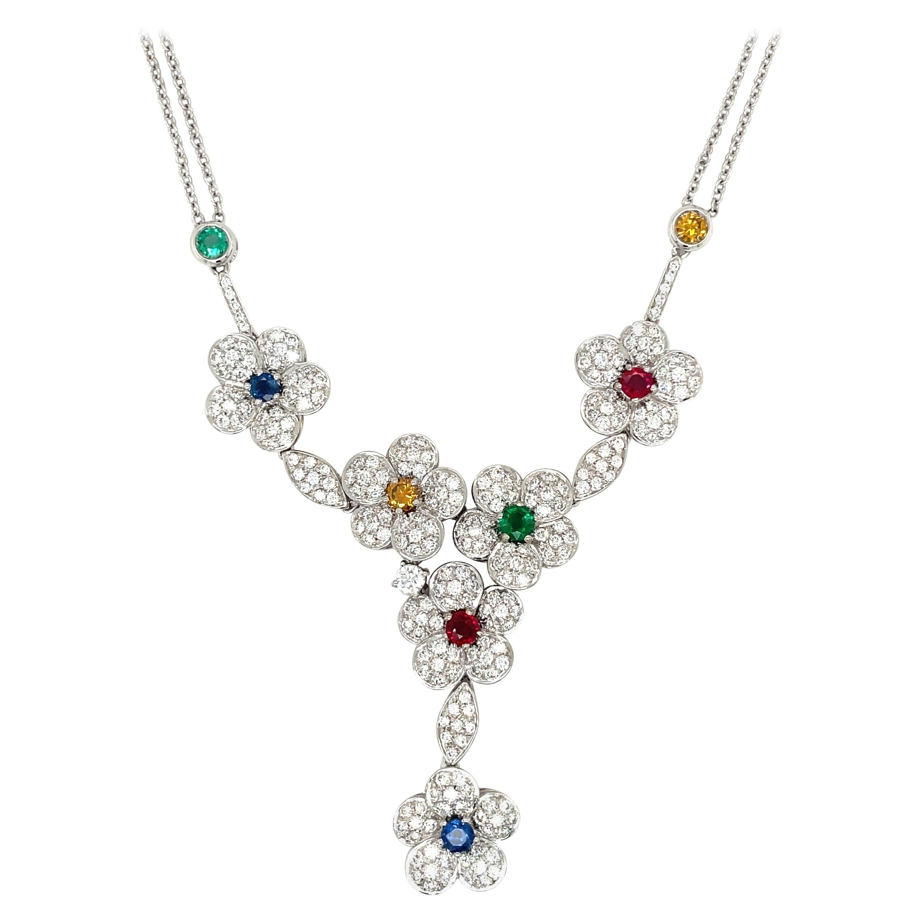 Diamond Flower Necklace with Rubies, Emeralds, and Sapphires