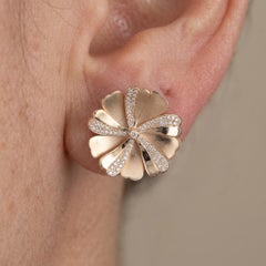 Diamond Flower Pave Huggie Earrings in 14k Yellow Gold