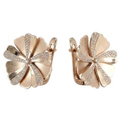 Diamond Flower Pave Huggie Earrings in 14k Yellow Gold