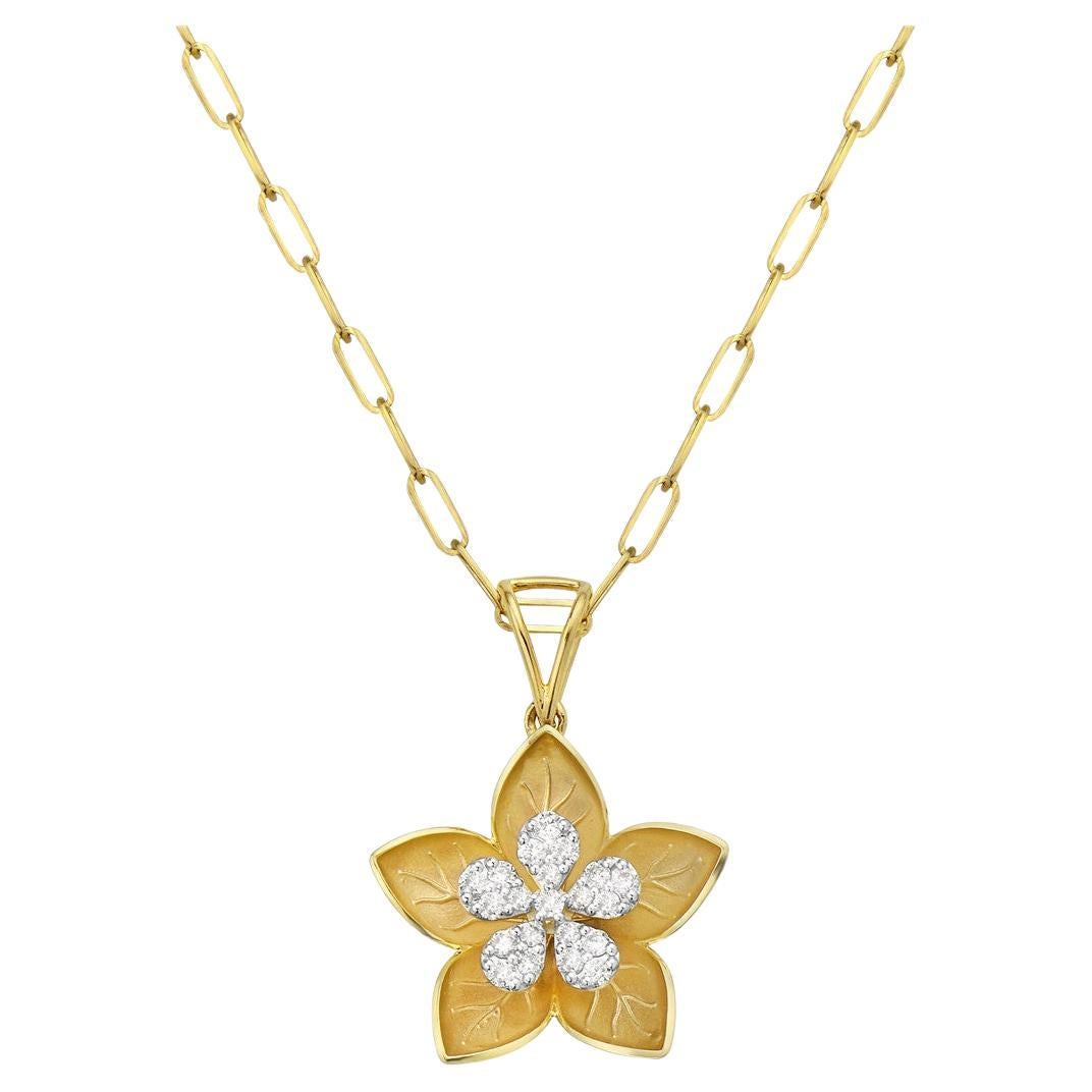 Diamond Flower Pendant Necklace 14K Yellow Gold For Sale