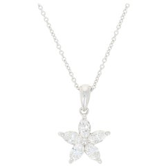 Diamond Flower Pendant Necklace, 18 Karat White Gold Marquise .70 Carat