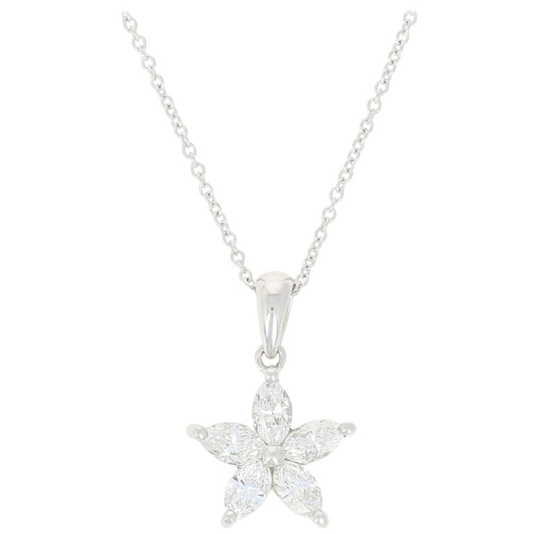 Diamond Flower Pendant Necklace, 18 Karat White Gold Marquise .70 Carat