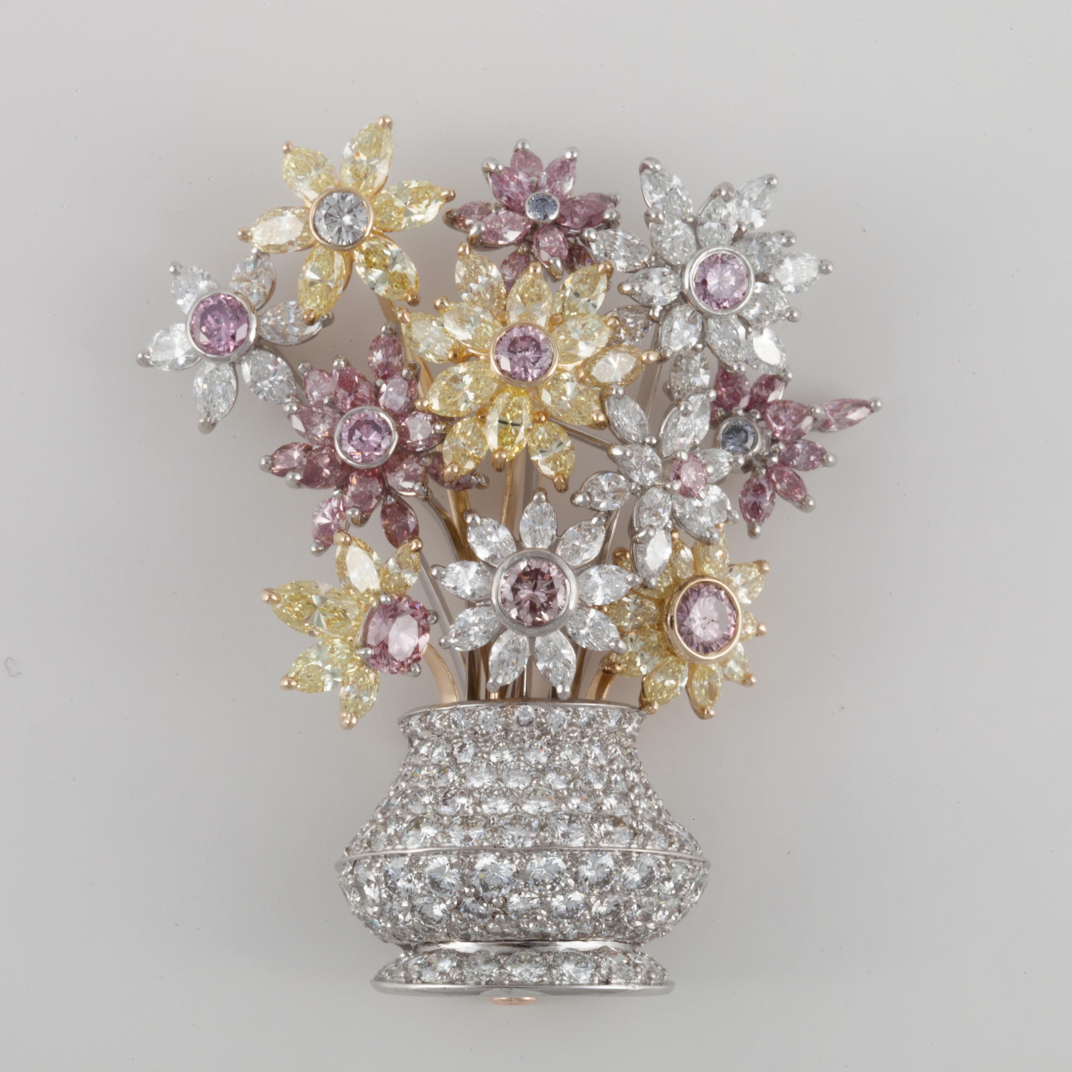 Natural Multi- Colored Diamond Flower Basket Brooch in Platinum In Excellent Condition For Sale In Houston, TX