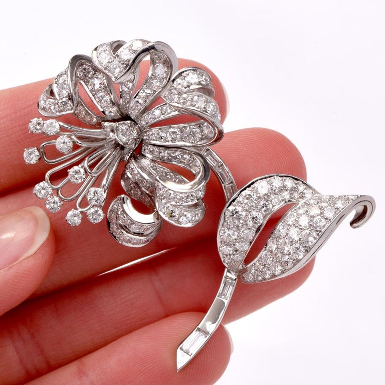 Diamond Flower Platinum Brooch Pin For Sale at 1stDibs