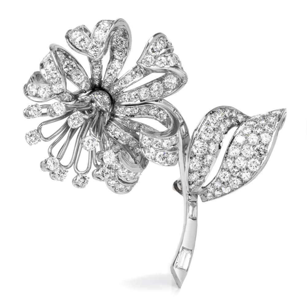 Round Cut Diamond Flower Platinum Brooch Pin For Sale