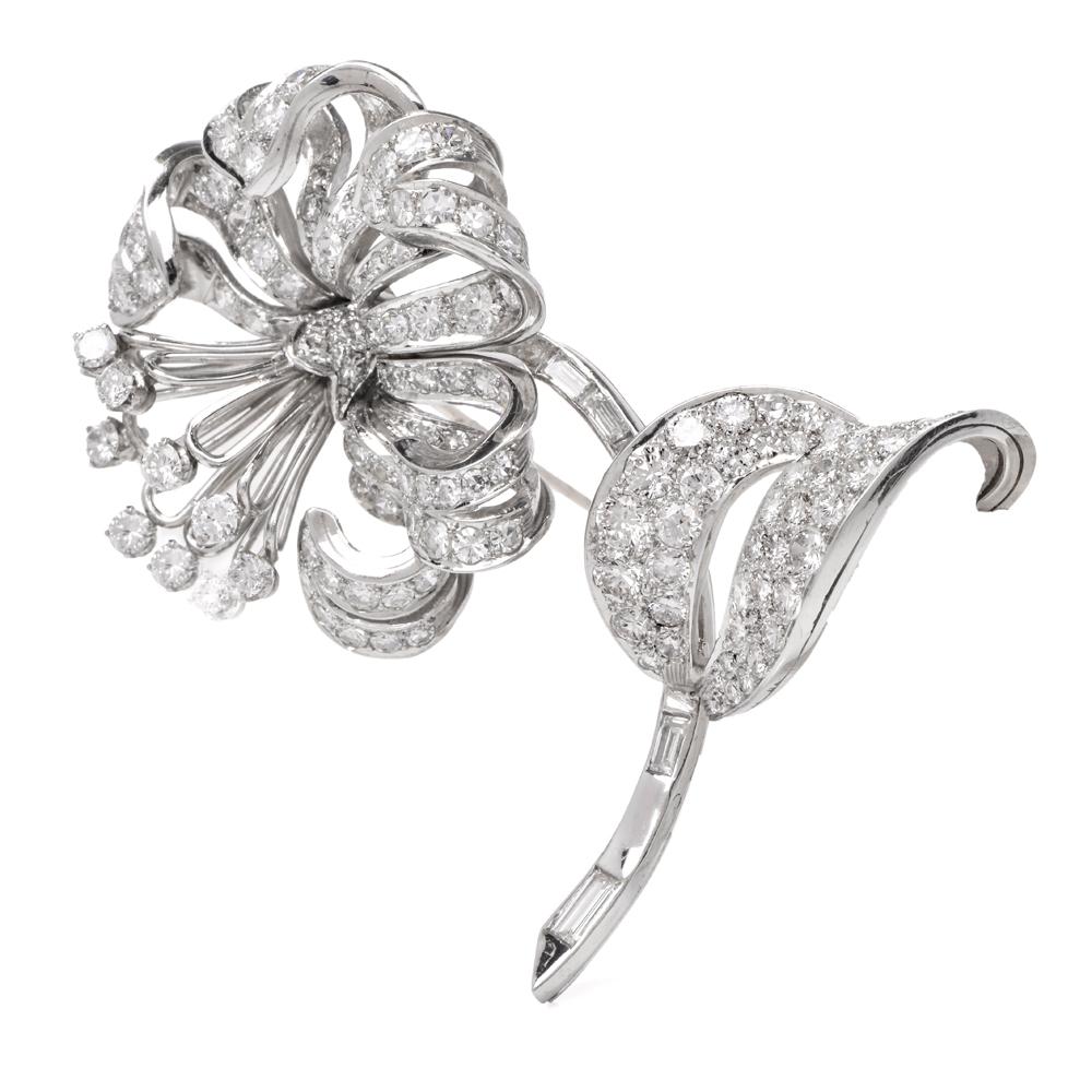 Women's Diamond Flower Platinum Brooch Pin For Sale