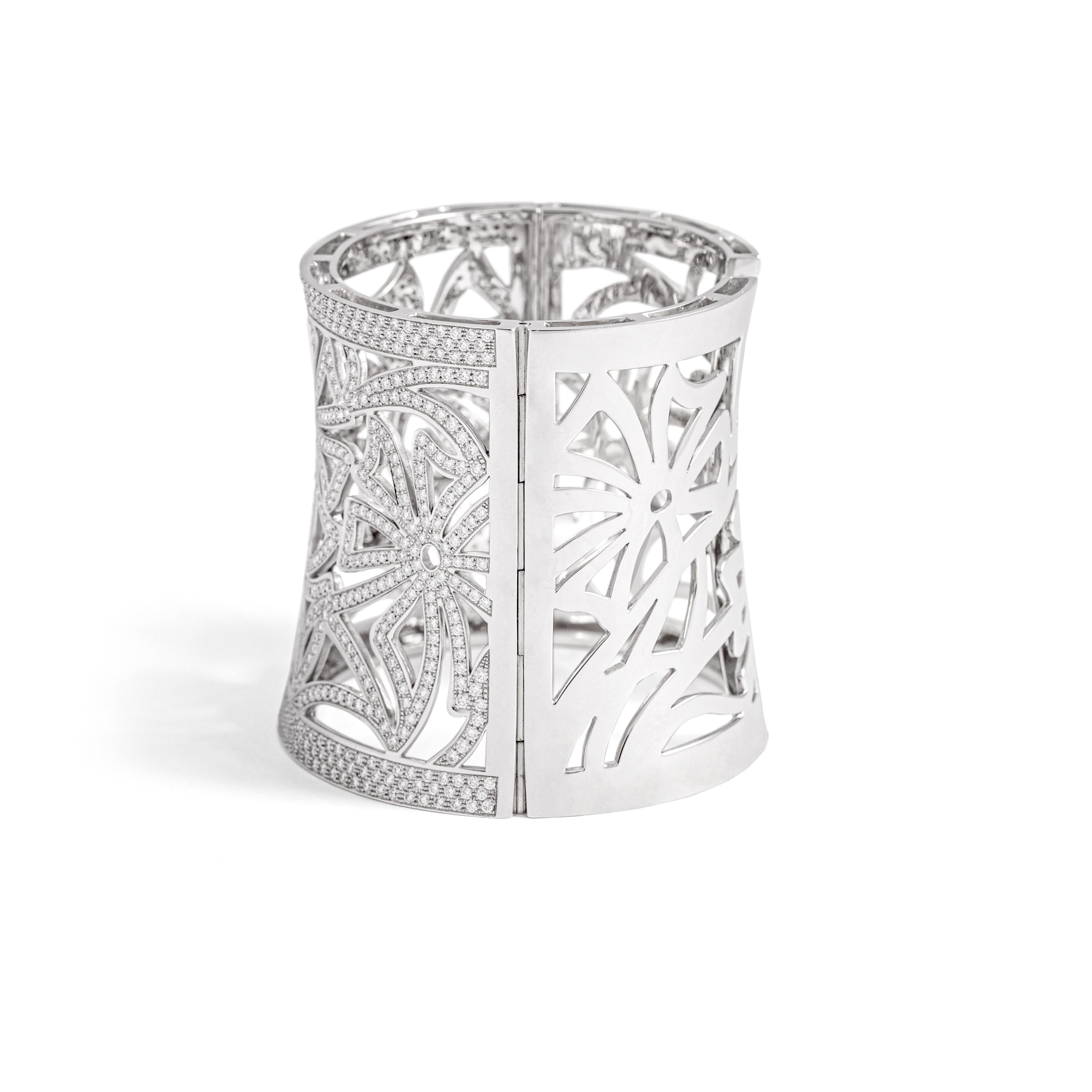 Round Cut Diamond Flower Rigid Cuff Bracelet For Sale
