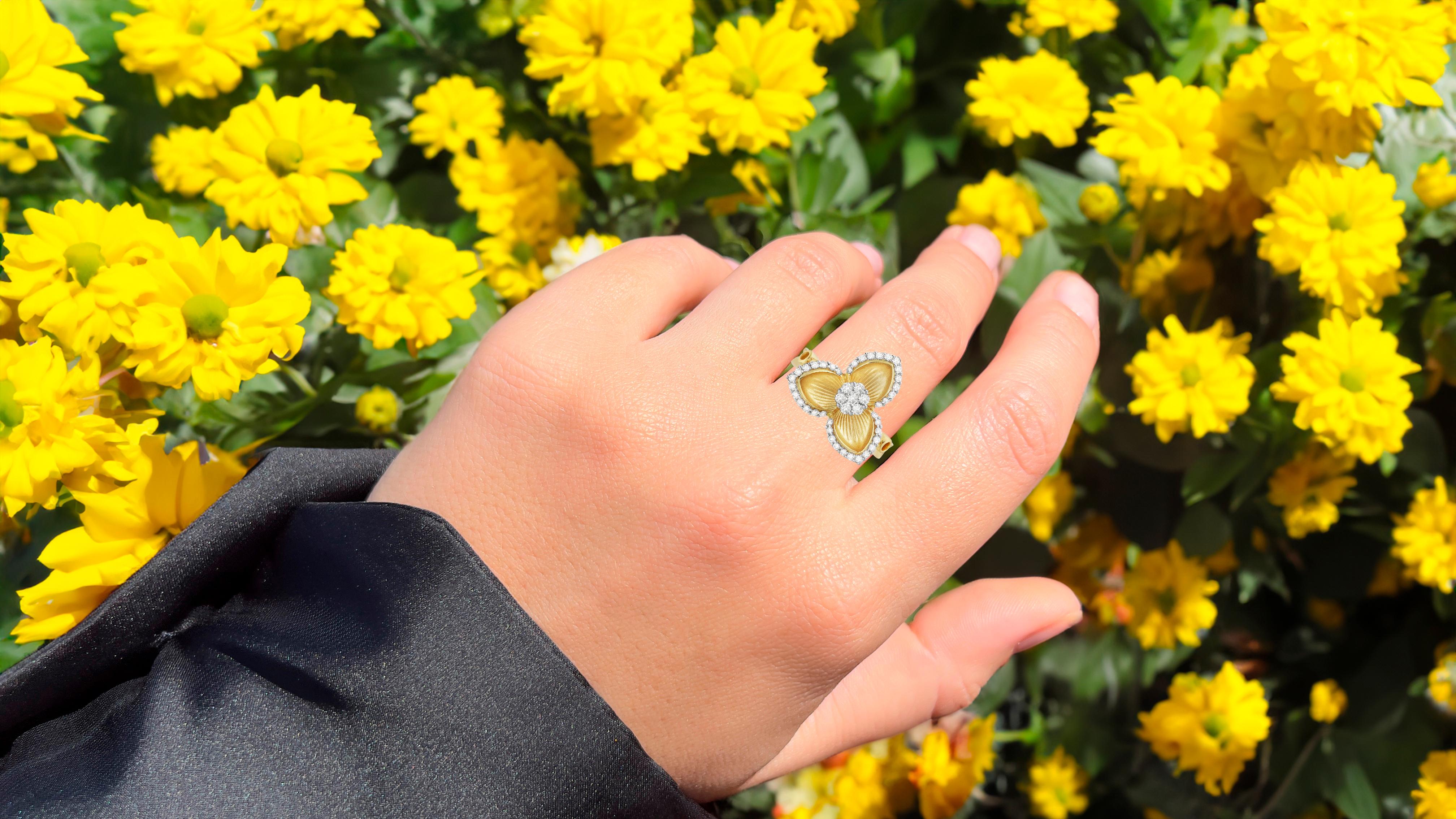Contemporain Bague fleur en or jaune 14 carats avec diamants de 0,40 carat