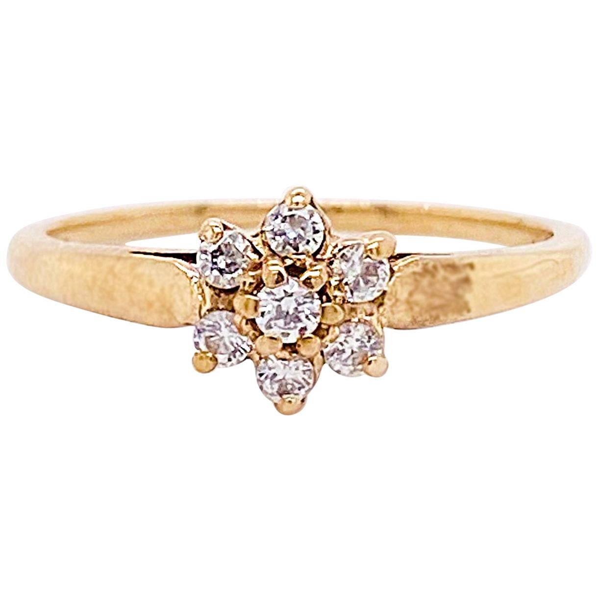 Diamond Flower Ring, 10 Karat Yellow Gold, Diamond Cluster Ring, Stackable Ring For Sale