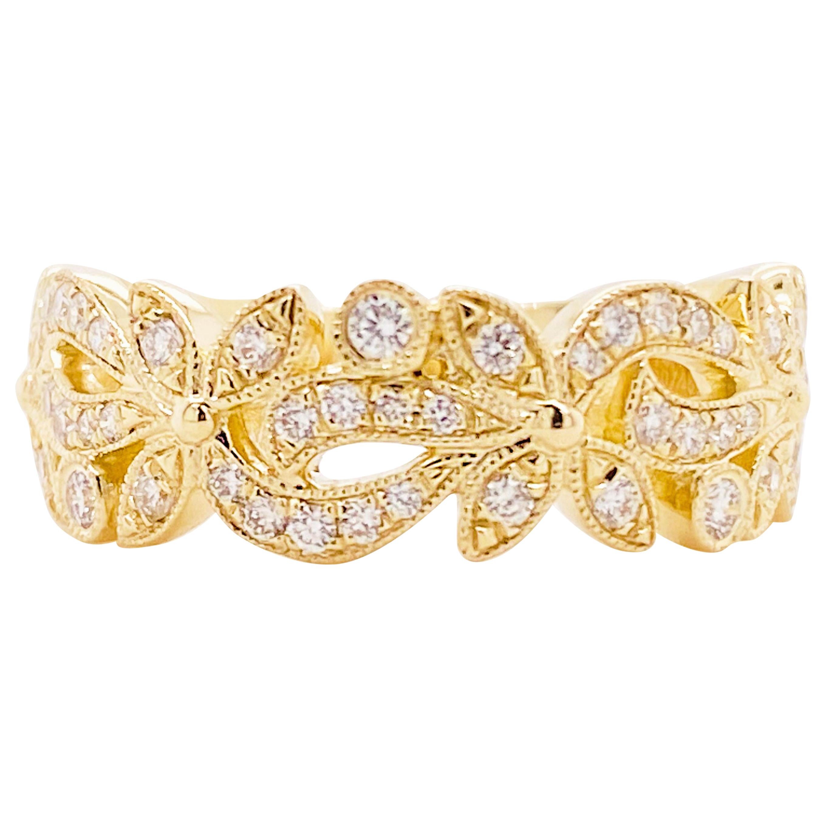 Diamond Flower Ring, 14 Karat Gold Floral Inspired Stackable Band, LR9229Y45JJ For Sale