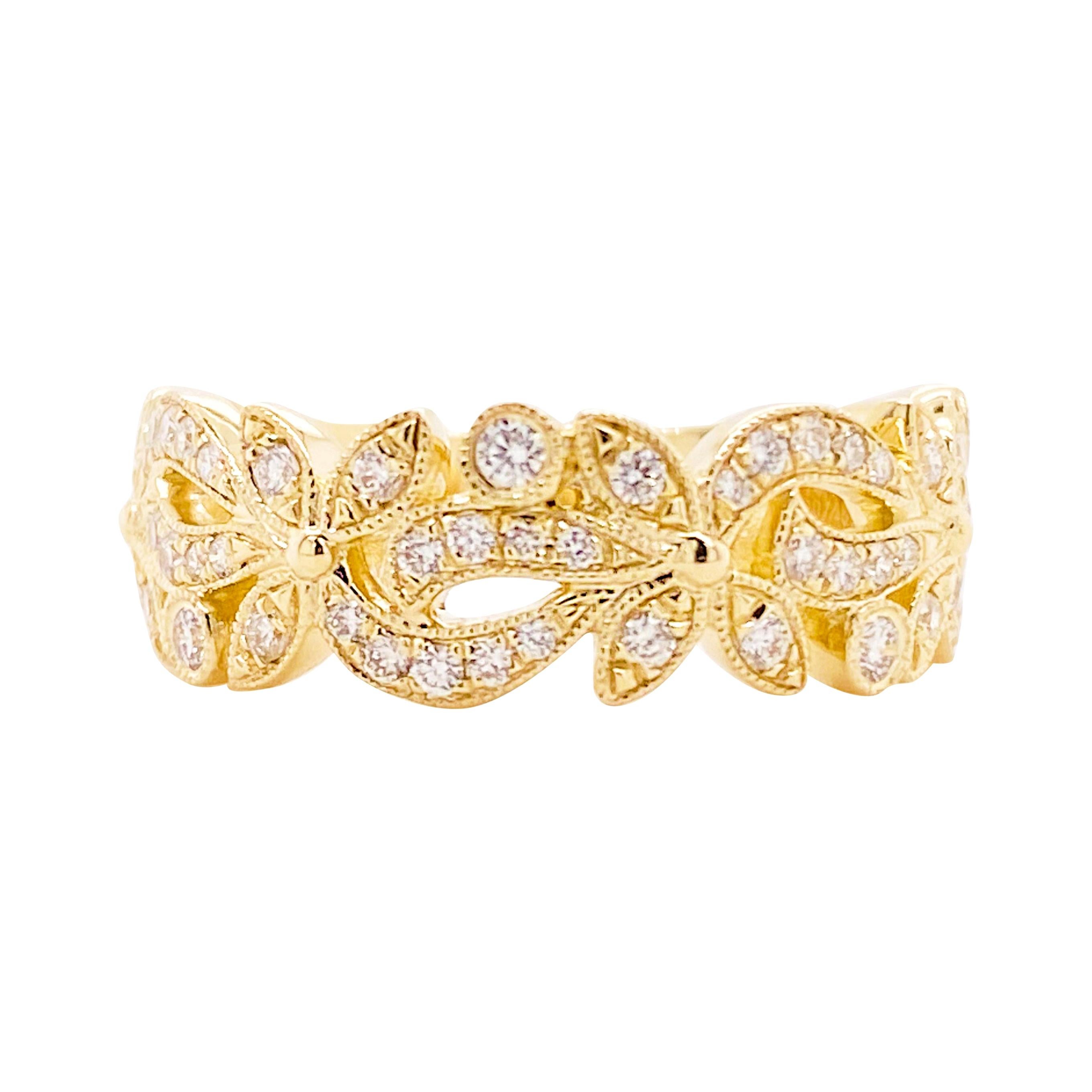 Diamond Flower Ring, 14 Karat Gold Floral Inspired Stackable Band, LR9229Y45JJ