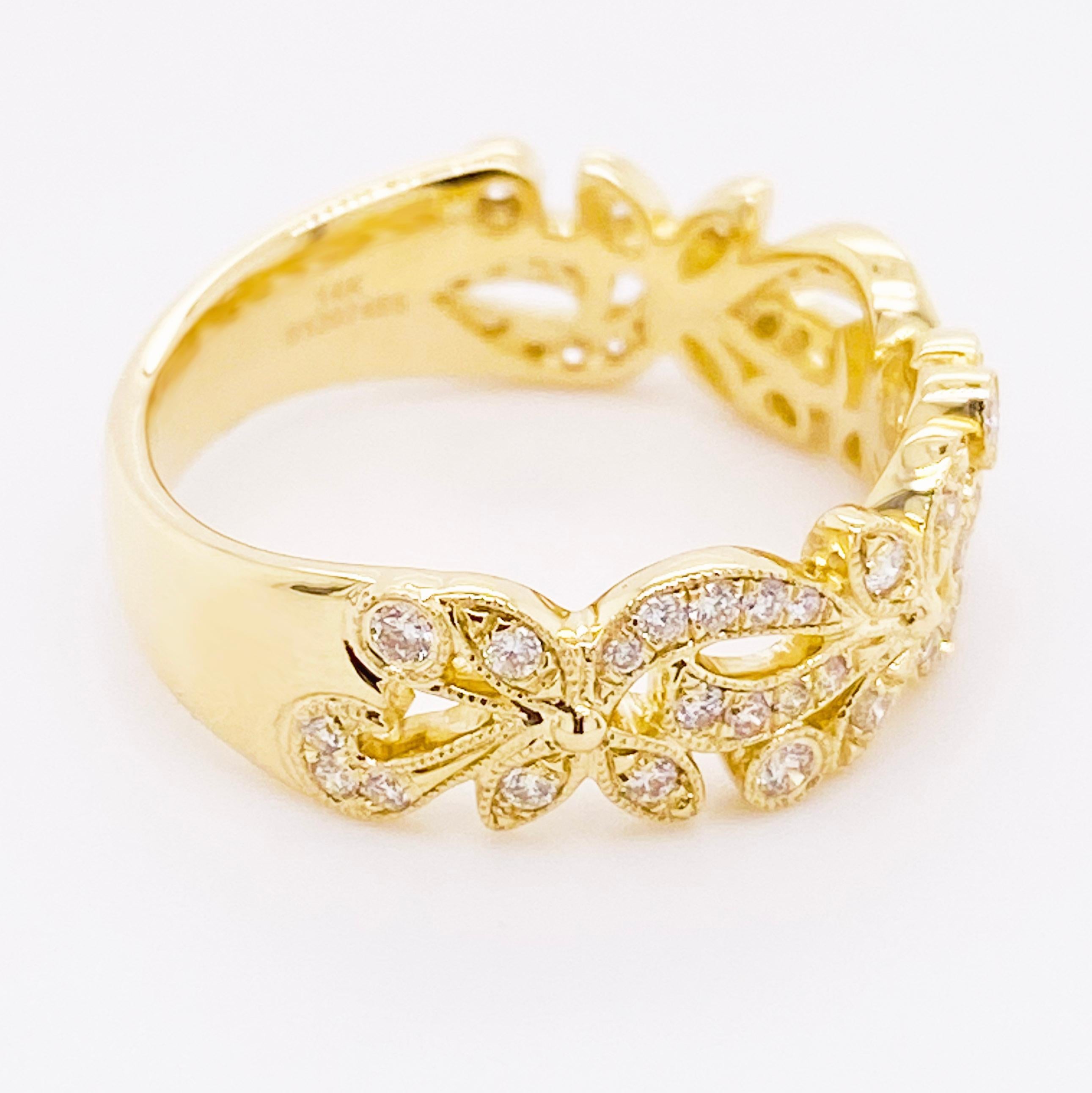 Modern Diamond Flower Ring, 14 Karat Gold Floral Inspired Stackable Band, LR9229Y45JJ For Sale