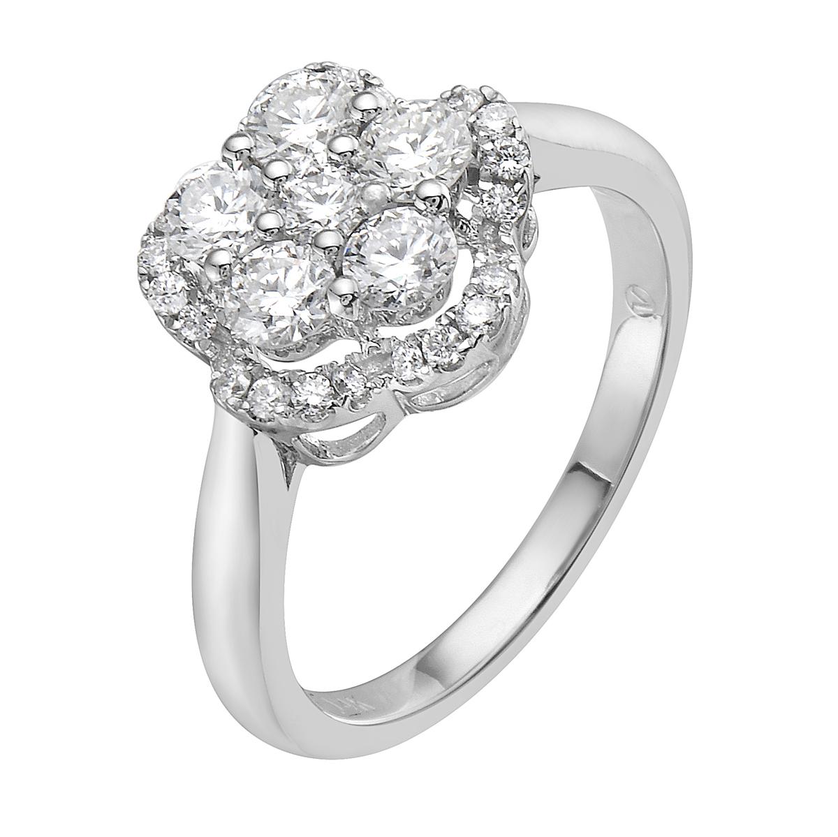 Avec cette bague en diamant exquise, le style et le glamour sont à l'honneur. Cette bague en or blanc 14 carats est composée de 3,5 grammes d'or et est recouverte de 31 diamants ronds de couleur SI1-SI2, GH, totalisant 0,95ct. Cette bague est de